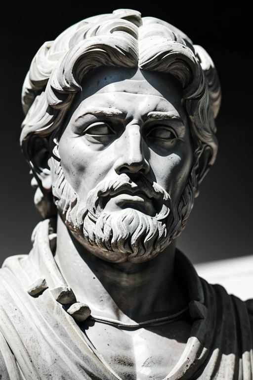 A dark landscape image of an ancient greek society deeply connected to stoicism, make it black and white, ancient greek architecture, include one single big statue of a stereotypical strong greek man, marcus aurelius --ar 16:9 Give me 4