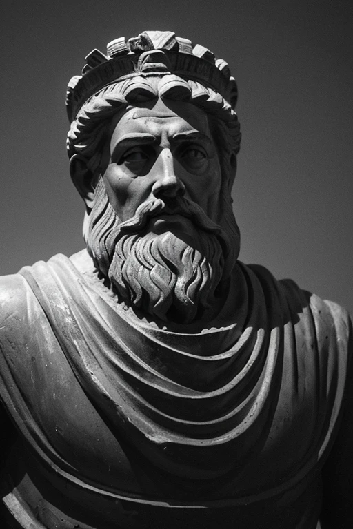 A dark landscape image of an ancient greek society deeply connected to stoicism, make it black and white, ancient greek architecture, include one single big statue of a stereotypical strong greek man, marcus aurelius --ar 16:9 Give me 4