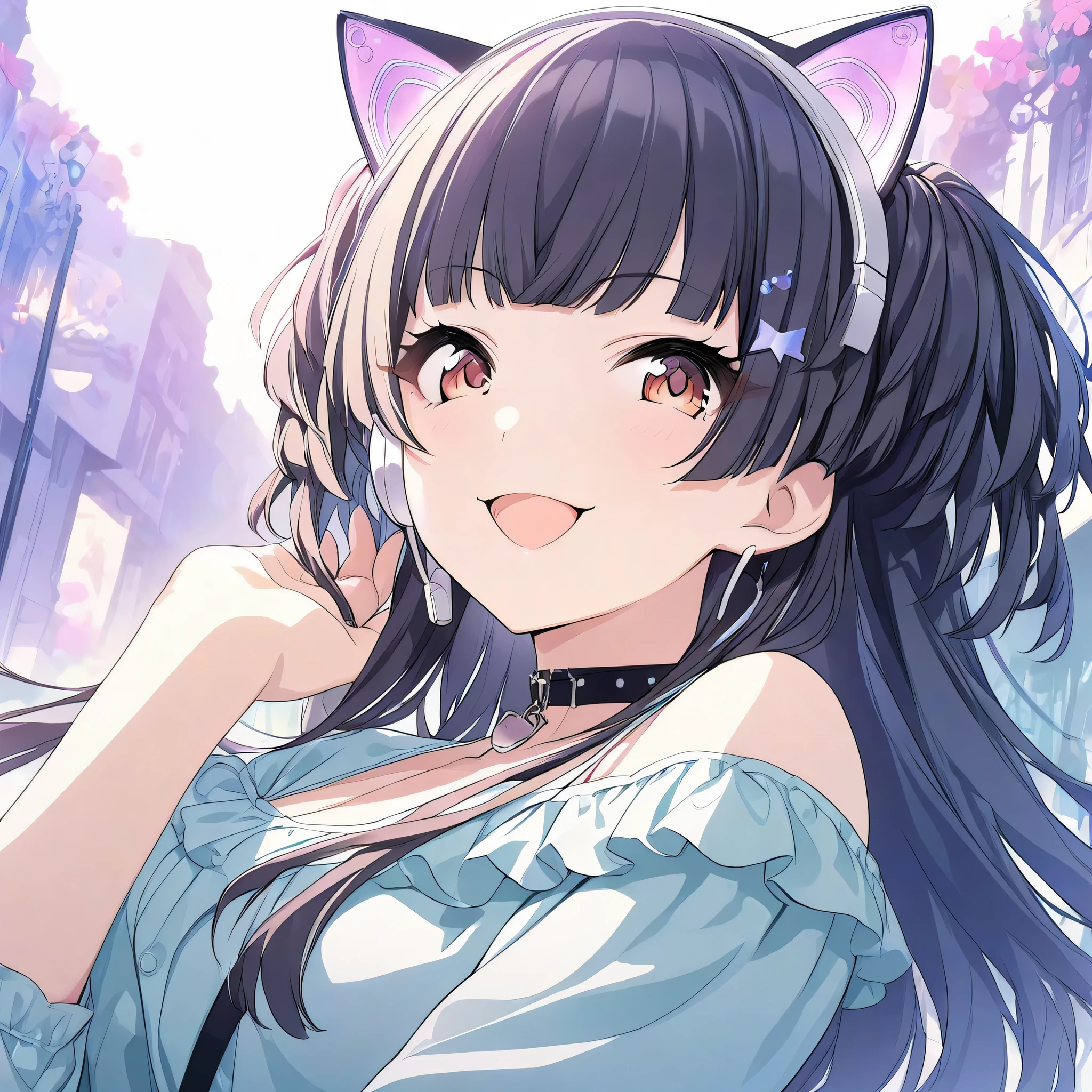 (masterpiece),(best quality),(ultra-detailed),(best illustration),(best shadow),(absurdres),(detailed background),(very aesthetic), 1girl, solo, cybercat, mayuzumi fuyuko, casual, smile, open mouth, portrait, looking at viewer, open mouth, brunette eyes, animal ears, cat ears headphone, letterboxed, long hair, star \(symbol\), star hair ornament, thighhighs, white legwears, 
