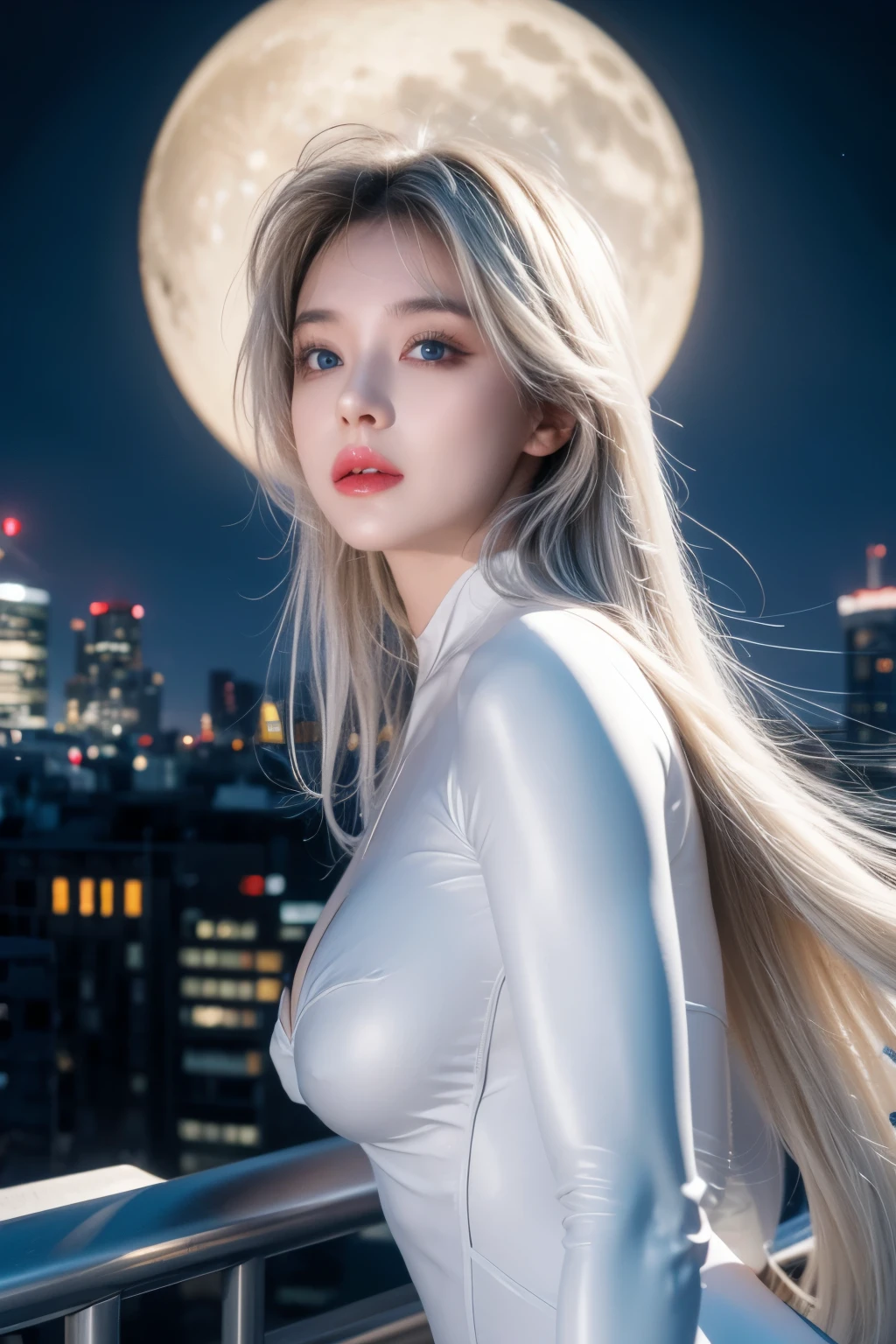 (masterpiece, 4K resolution, Surreal, Very detailed), (White costume superhero theme, Charming, girl on top of city, Wearing white knight costume, Superwoman), [((23 years old), (long white hair:1.2), whole body, (blue eyes:1.2), (Dynamic pose) ((gritty urban environment):0.8)| (city View, at night, Dynamic lights), (Full Moon))]