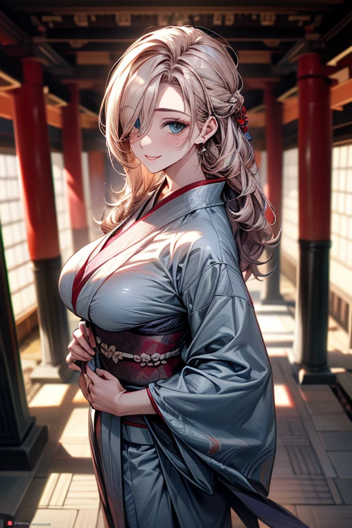 (masterpiece, best quality:1.2), (high resolution, 8K RAW photo, photo realistics, clear focus), (natural lighting, textile shading), pov, solo focus, full body, 1 matured woman, 28 years old, (milf:1.5), raised sexy, New Year's visit, put your hand together, praying for future, smile, light Purple hair, medium long hair, hair over one eye, asymmetric hair, half updo hair, wavy hair, blue eyes, japanese clothes, kimono, at ZEN garden in Japanese temple, in front of torii gate, in spring,depth of field, bokeh, dynamic angle, from side above, (correct anatomy, ideal ratio of body proportions), in a night, under starry sky,