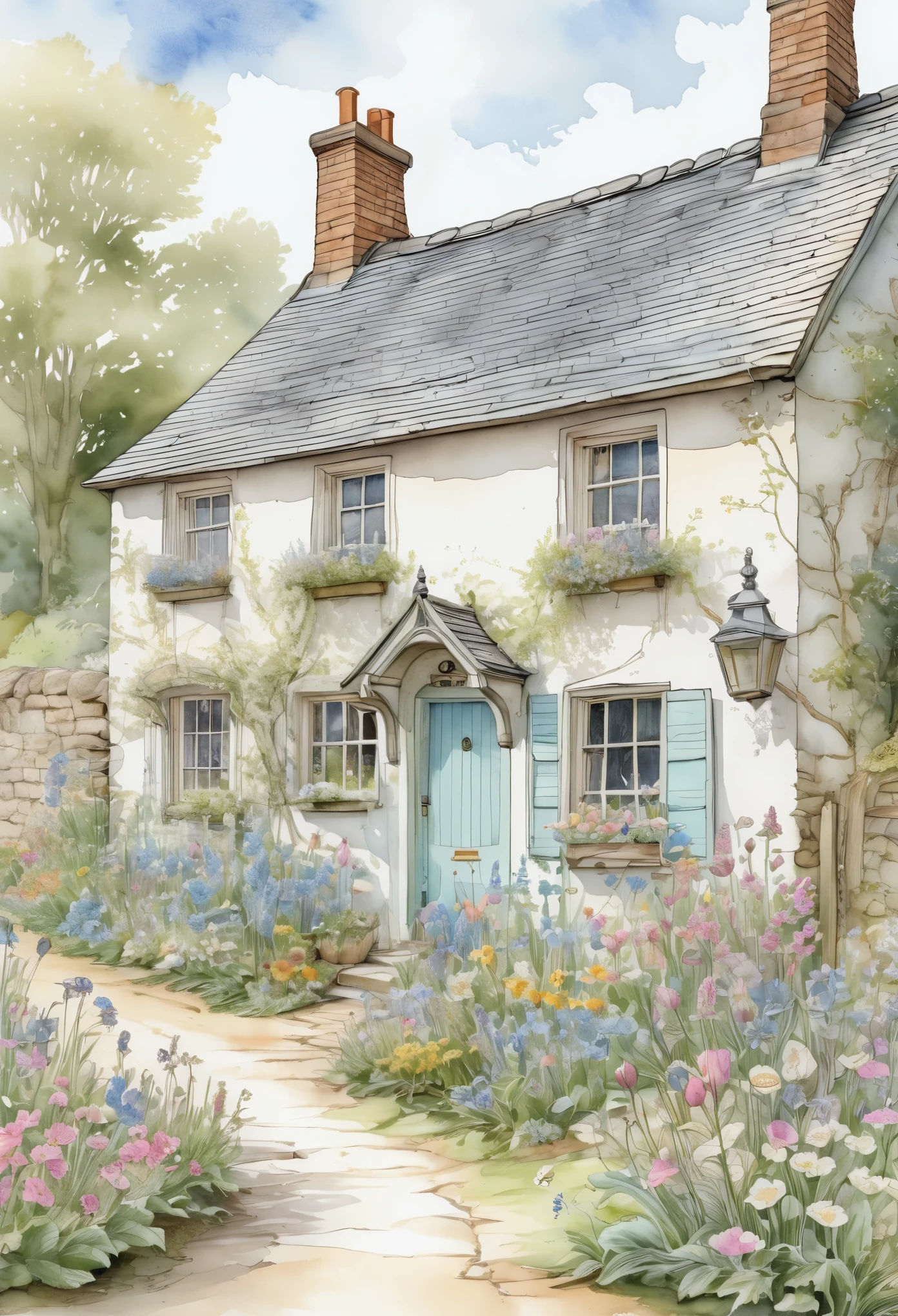 "Create a stunning clip art sheet featuring Beatrix Potter-style cottages and delicate flowers, rendered in a pale wash watercolor style with fine ink lines. The artwork should be high-detail, intricately crafted, and in 4K resolution. Ensure that the clip art is on a transparent background and entirely contained within the page borders, without any elements being cut off at the edges."