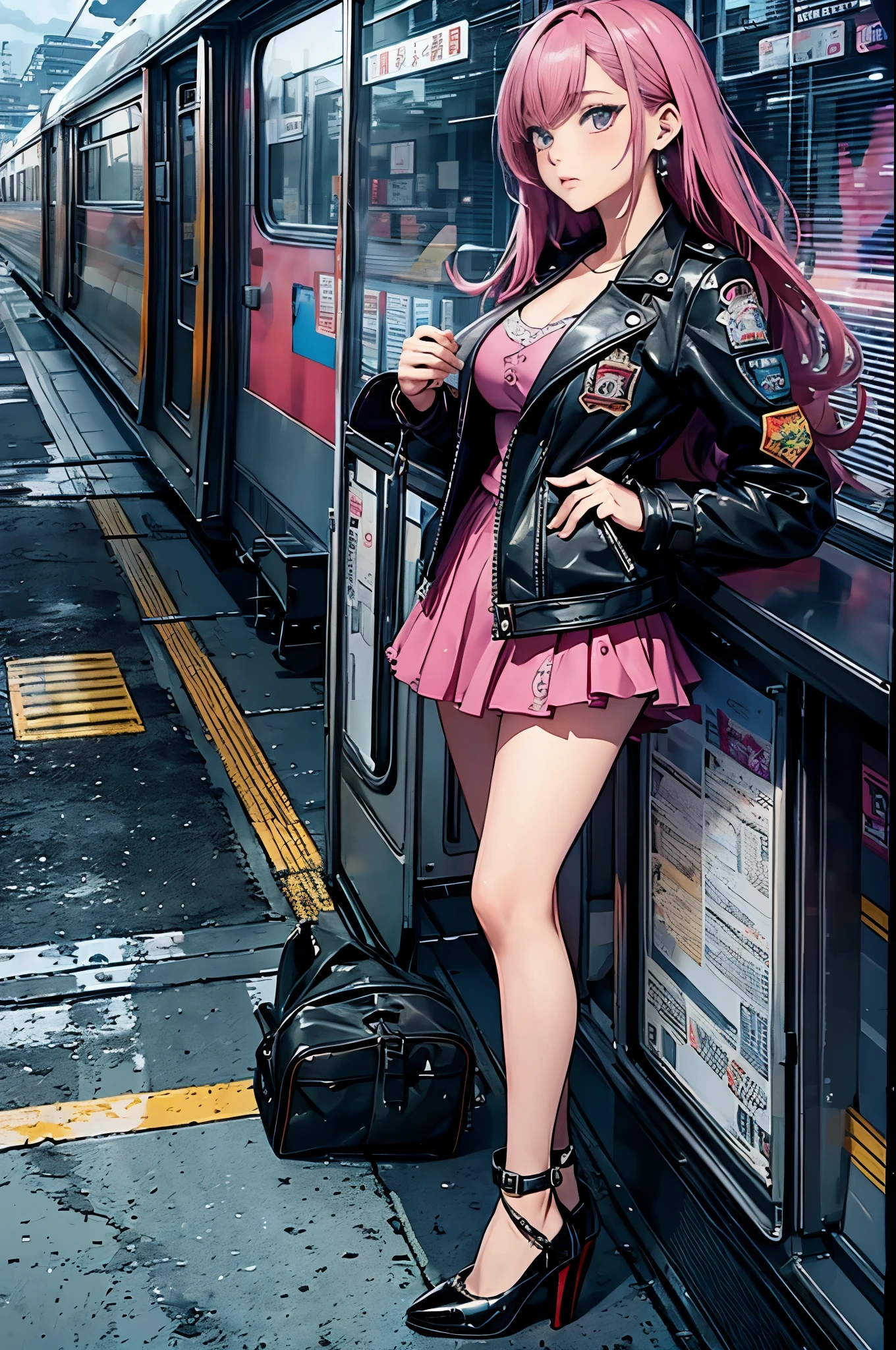 Magenta tint、Vibrant colors、((masterpiece)))、(((quality)))、((Ultra Detailed))、(Surreal)、(Highly detailed CG illustrations)、Summer Movie Lights、The glorious 1980s、1个Giant Breast Girl,Cruel beauty、Gorgeous Cochetti、gorgeous、hair color、rock music、leather jacket、miniskirt、(High heel),Perfect proportions、Perfect composition、((twilight,train站台,train,cloud)),