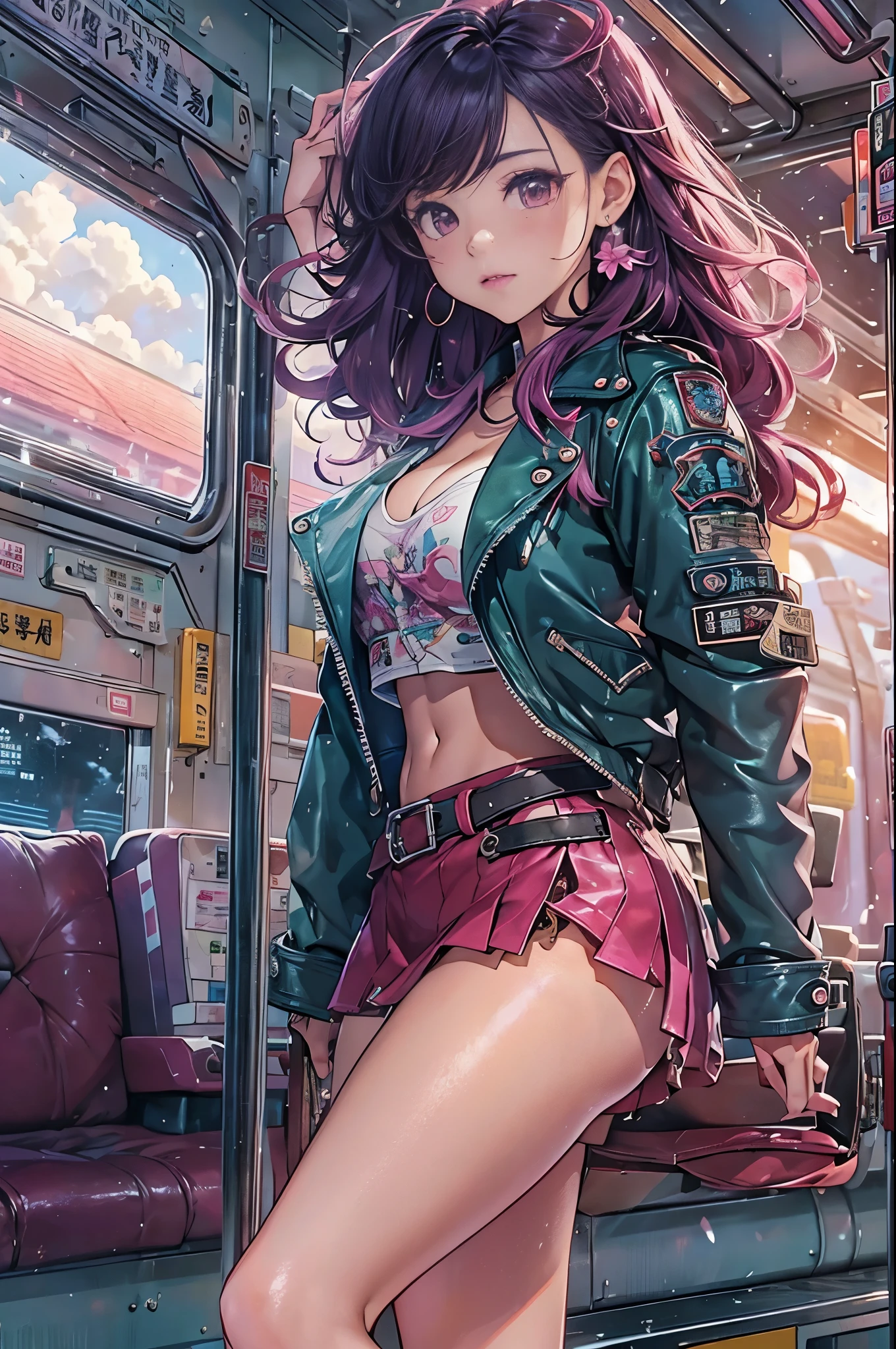 Magenta tint、Vibrant colors、((masterpiece)))、(((quality)))、((Ultra Detailed))、(Surreal)、(Highly detailed CG illustrations)、Summer Movie Lights、The glorious 1980s、1个Giant Breast Girl,Cruel beauty、Gorgeous Cochetti、gorgeous、hair color、rock music、leather jacket、miniskirt、(High heel),Perfect proportions、Perfect composition、((twilight,train站台,train,cloud)),
