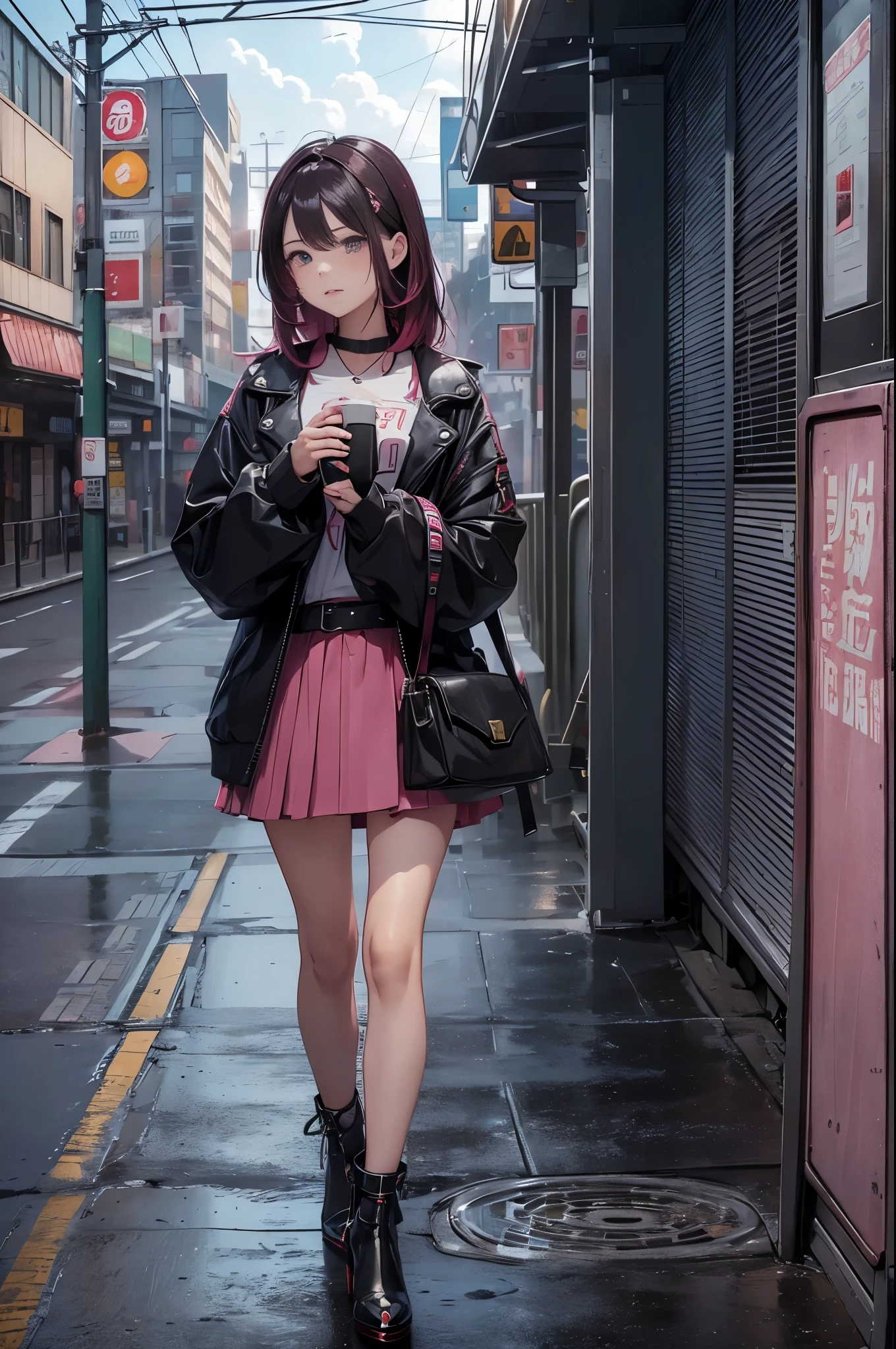 Magenta tint、Vibrant colors、((masterpiece)))、(((quality)))、((Ultra Detailed))、(Surreal)、(Highly detailed CG illustrations)、Summer Movie Lights、The glorious 1980s、1个Giant Breast Girl,Cruel beauty、Gorgeous Cochetti、gorgeous、hair color、rock music、leather jacket、miniskirt、(High heel),Perfect proportions、Perfect composition、((twilight,train站台,train,cloud)),