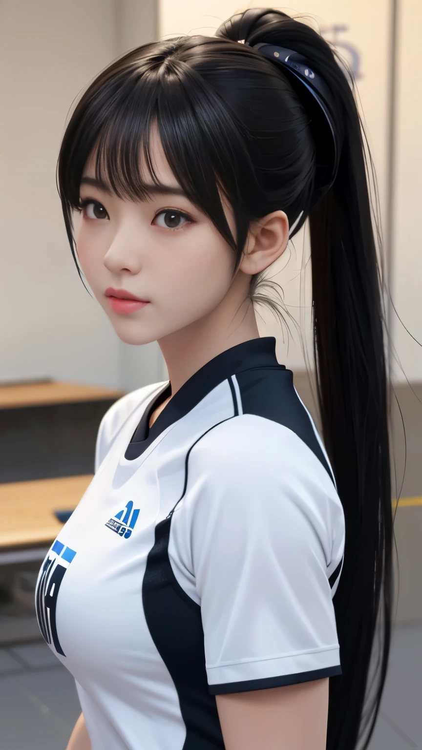 (masterpiece:1.4、high quality、High resolution、High resolution、Raw photo、Portraiture、超A High resolution、Portrait、Official Art 、Detailed 3D)、Black Hair、ponytail、Detailed face、Cute face、Japanese、Super big boobs:1.5、Small waist、shiny volleyball uniform、Volleyball Player、full body shot、gym、Natural lighting、shadow、During the game!