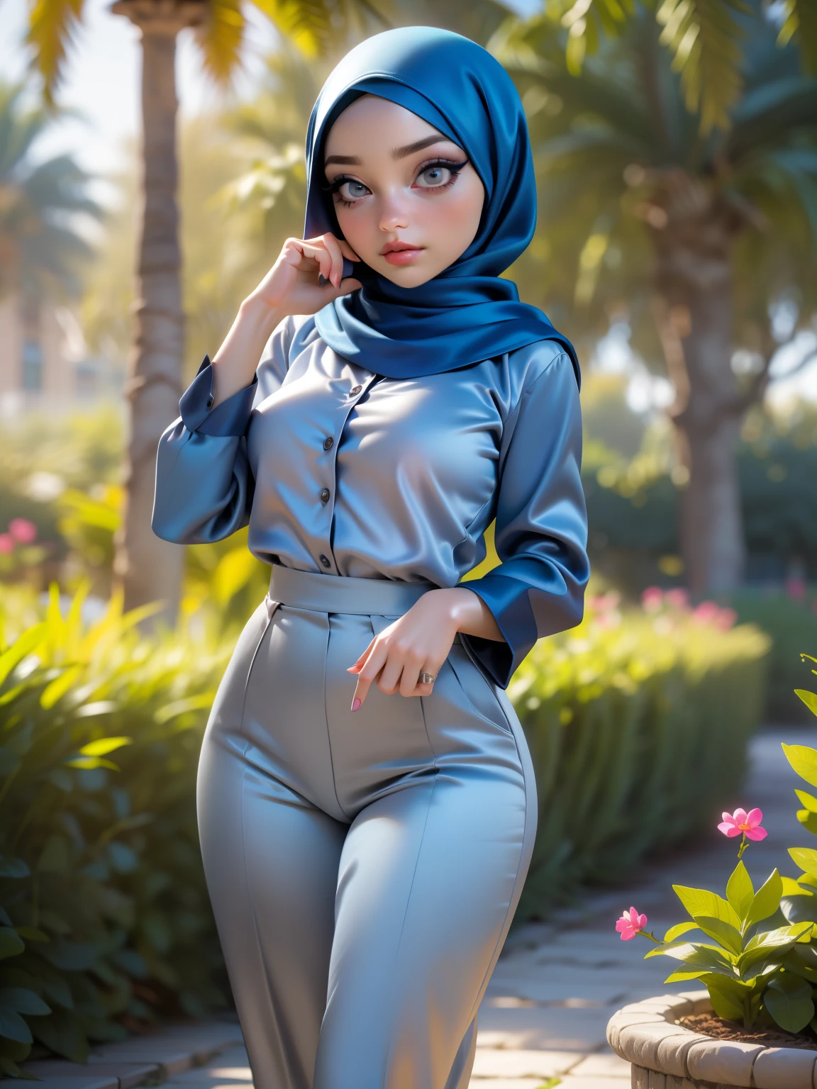 3DMM, ((Masterpiece, best quality, photography, detailed skin, realistic, photo-realistic, 8k, highly detailed, full length frame, High detail RAW color art, diffused soft lighting, shallow depth of field, sharp focus, hyperrealism, cinematic lighting, hijab, a woman in a beautifully makeup, smokey eyeshadow, beautiful big eyes, long eye lashes, wearing (Dark blue satin hijab), loosely tide hijab style, ((gray satin shirt)), gray satin long trousers, dancing under tree, garden