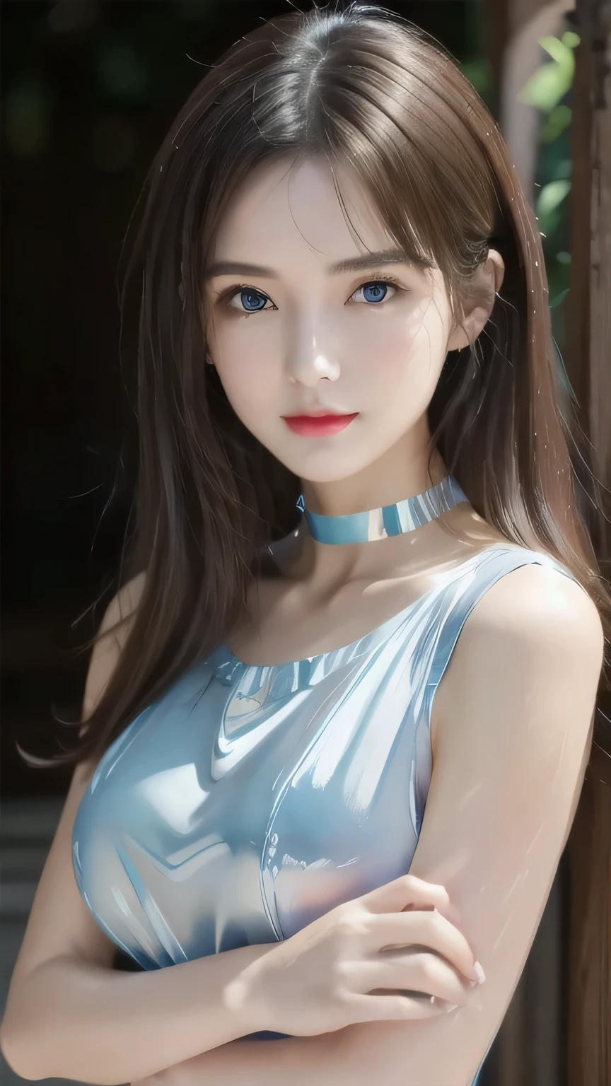 1 female々,White glossy skin, Age 25, A small, elegant face, Red lips, Parted lips, ( Hair parted to one side:1.5), blue eyes, smile, Elegant young woman, Shiny Hair, choker,（Blue see-through blouse :1.3)（Silver shiny silk pleated skirt :1.3), (Blue shiny pumps:1.2),  Natural wavy hair, Slender figure, Tight waist, Beautiful Hands, Narrow shoulders, View here, Broadleaf forest in the daytime