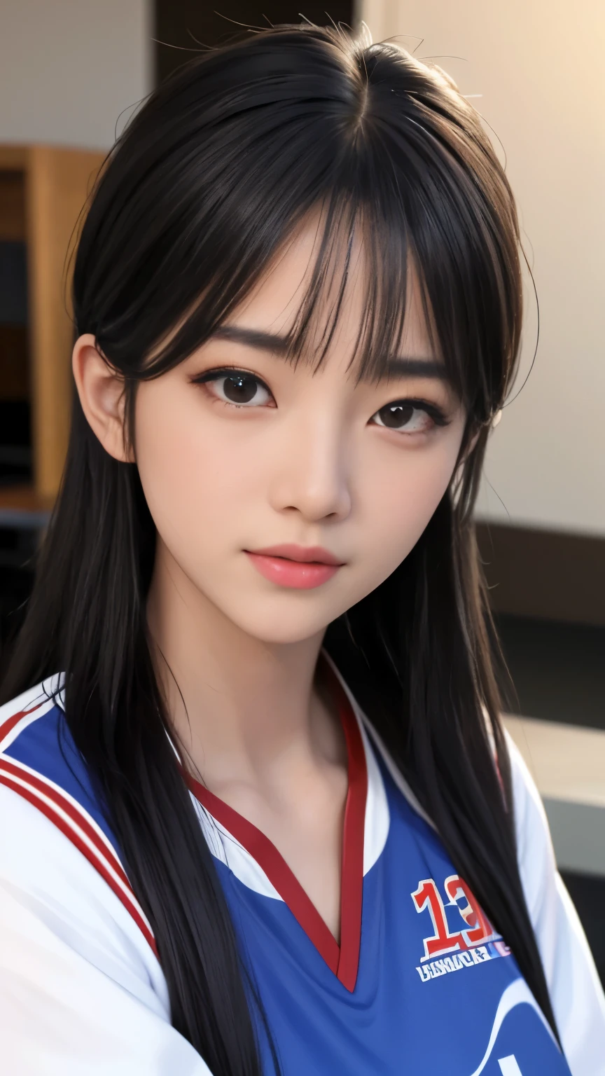 (masterpiece:1.4、high quality、High resolution、High resolution、Raw photo、Portraiture、超A High resolution、Portrait、Official Art 、Detailed 3D)、Black Hair、Detailed face、Cute face、Japanese、Super big boobs:1.5、Small waist、shiny volleyball uniform、Volleyball Player、full body shot、gym、Natural lighting、During the game、