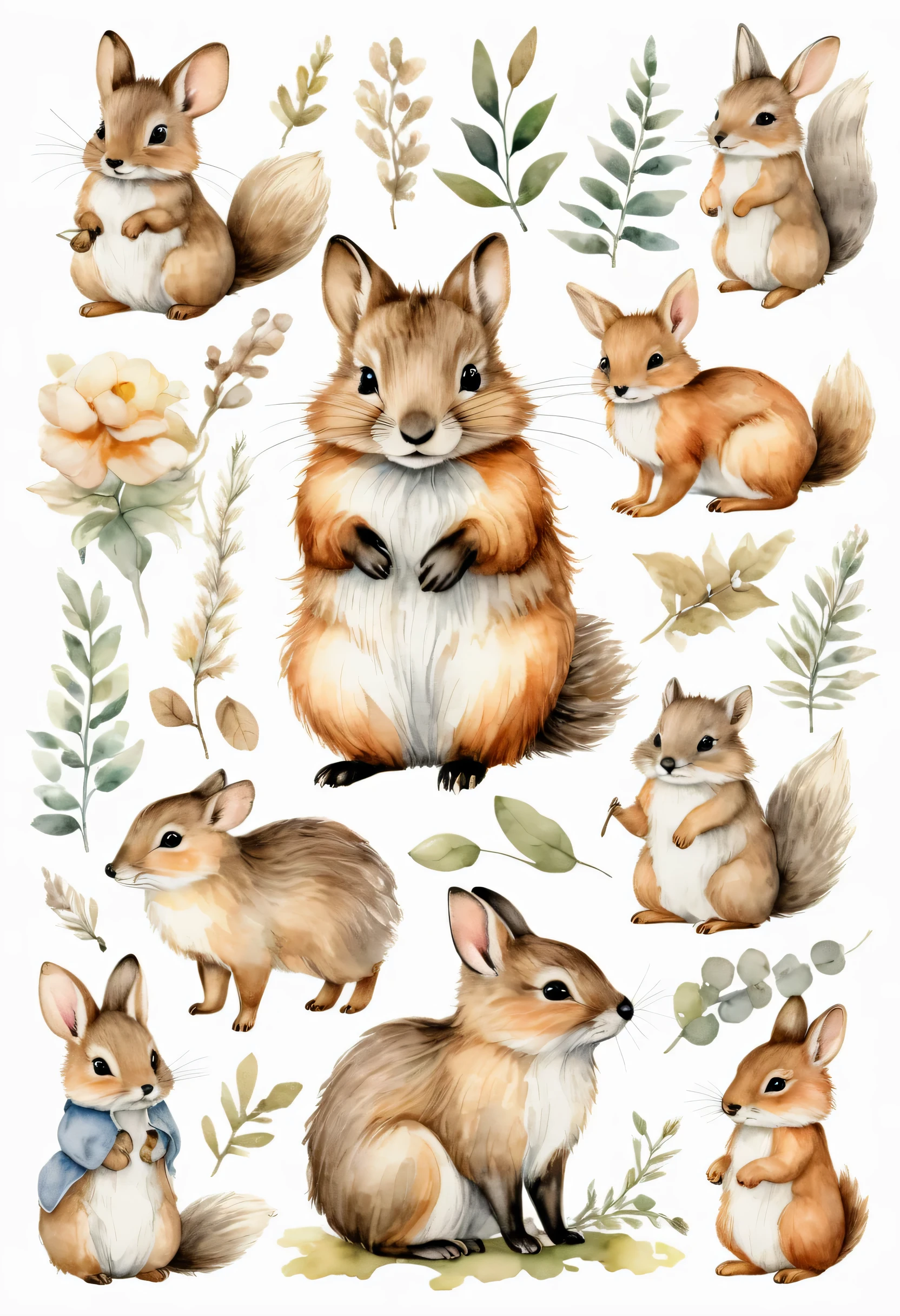 a beautiful clip art sheet with beatrix potter type furry woodland animal characters in a pale wash watercolor boho style with fine ink lines in high detail delicateley crafted, award winning, 4k , on a clear background , Sticker, Adorable, Muted Color, Artstation, Contour, Vector, White Background, Detailed