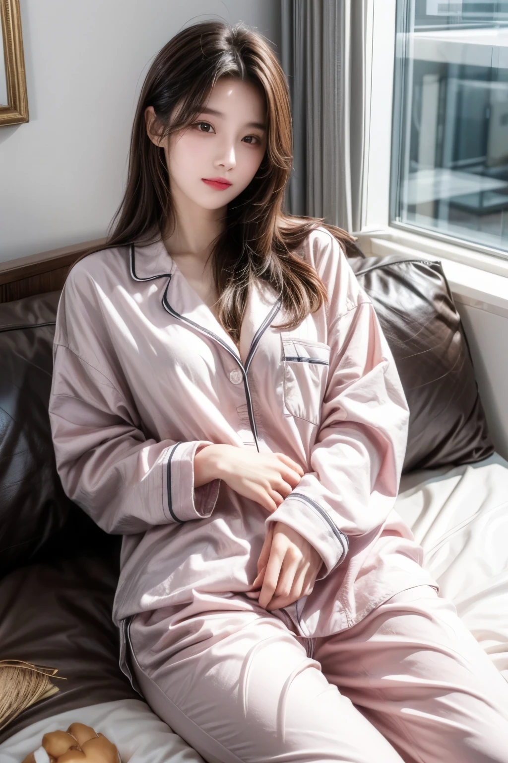 sleeping girl, 22 years old, Practical, She is wearing pink pajamas, Brown hair.