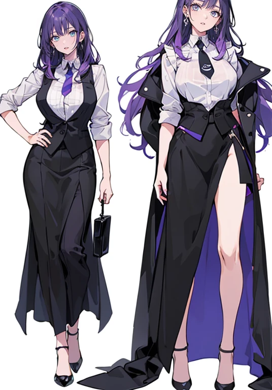 ((Perfect Face)),Purple Hair,voluminous long hair,1 female,bartender,suit,Black vest,Shirt with rolled up sleeves,tie,slit,High heels,,((Simple Background)),smile,((whole body)),((whole body)),Portraiture,virtual,upright,,both arms are down,Standing upright with face and body facing forward,