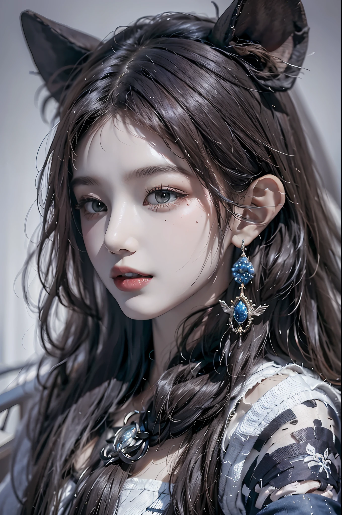 4k ultra hd, high resolution，a stunning beautiful girl, 1girl, solo, official art, unity 8k wallpaper, ultra detailed, beautiful and aesthetic, masterpiece, best quality, realistic, (zentangle, mandala, tangle, entangle), (fractal art), (ecstasy of silk:1.5), web, chain, extremely detailed, dynamic angle, epic composition, the most beautiful form of chaos, elegant, a brutalist designed, vivid colours, romanticism, serious face, white long hair, grey mist, big grinning (spirit cat) with sharp teeth