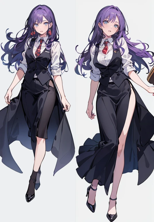 ((Perfect Face)),Purple Hair,voluminous long hair,1 female,bartender,suit,Black vest,Shirt with rolled up sleeves,tie,slit,High heels,,((Simple Background)),smile,((whole body)),((whole body)),Portraiture,virtual,upright,,both arms are down,Standing upright with face and body facing forward,