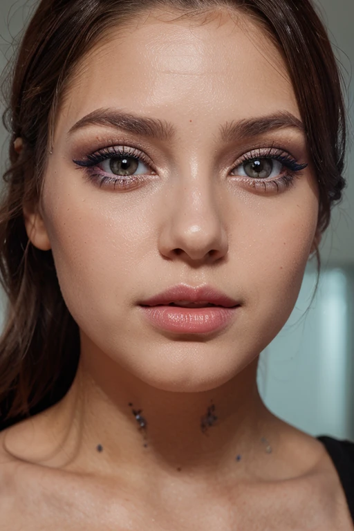 beautiful girl face her eye colouer is blue her lips is red and she has somo makeup at her face close up face short