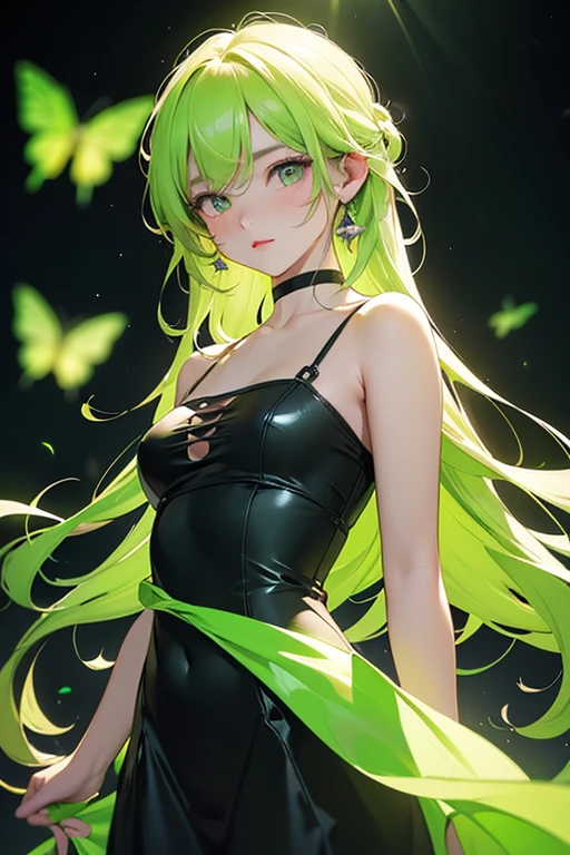 (((Light Skin Woman))),(((Light green, long hair without bangs))),(((voluminous and curvy body))),(((Lime green eyes))),(((Alone))),(((Wearing black lace lingerie)))