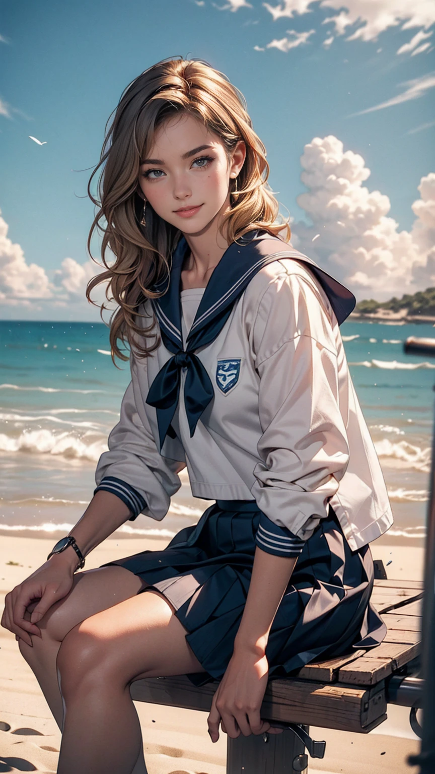 ((最high quality, 8K, masterpiece: 1.3, Ultra HD, high quality, 最high quality, High resolution, realism)) 、A beautiful 18-year-old white woman、hair color is black、Iriedium Hair、Hair is wavy、smile、I want my head to stay off screen、sit on a high breakwater on the beach、The blue sky is beautiful、There is an entrance cloud、It&#39;s summer、I'm wearing a sailor suit、Wear a navy blue pleated skirt、wear loafers、There is a road in front of the breakwater、There is a sign indicating the bus stop.、The sea is beautiful、The horizon looks beautiful、An island can be seen off the coast