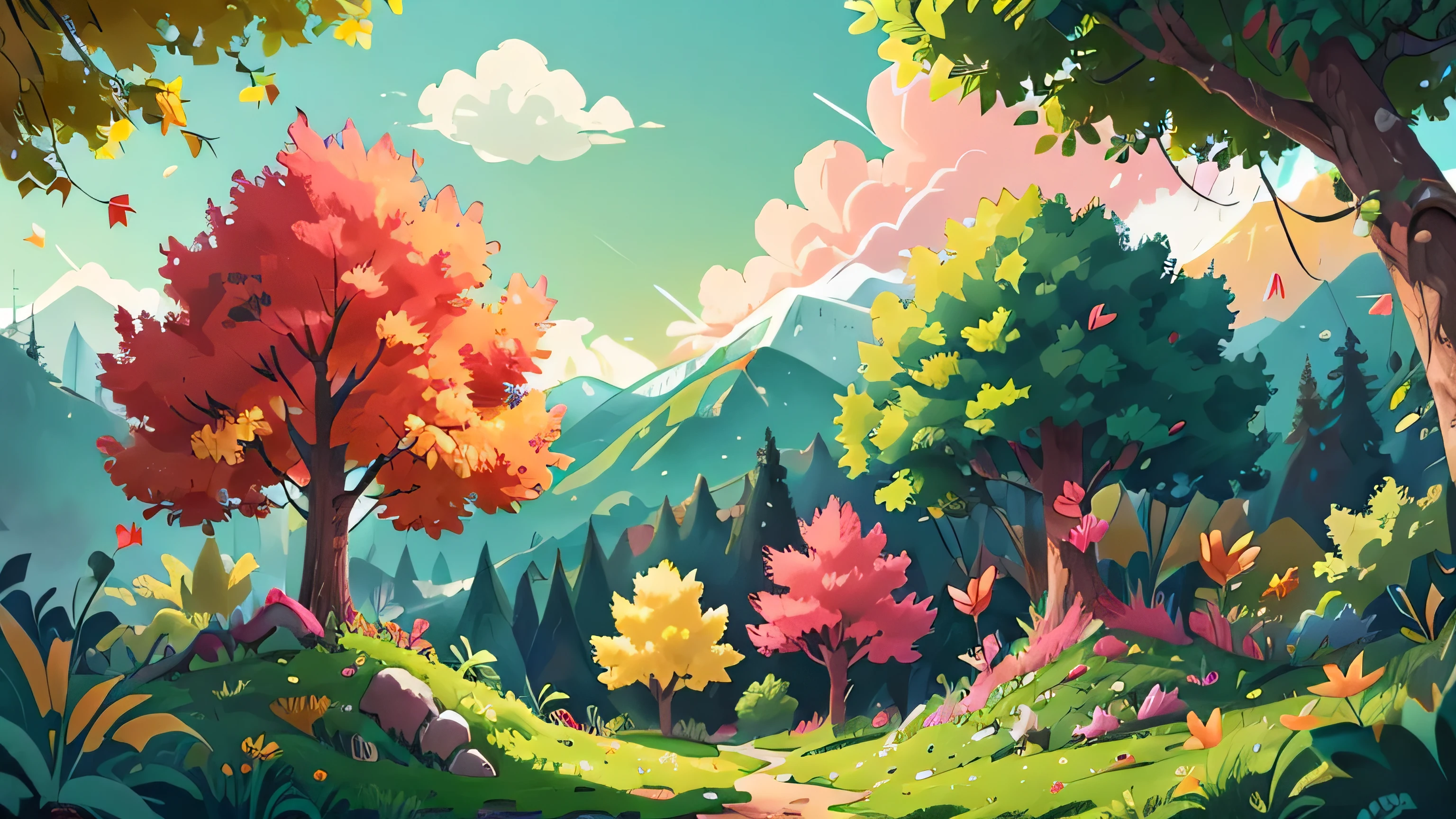 The forest has trees with green, yellow, and red leaves. In the background, there are beautiful green mountains. The sky is blue mixed with pink hues, with a few beautiful little flowers.