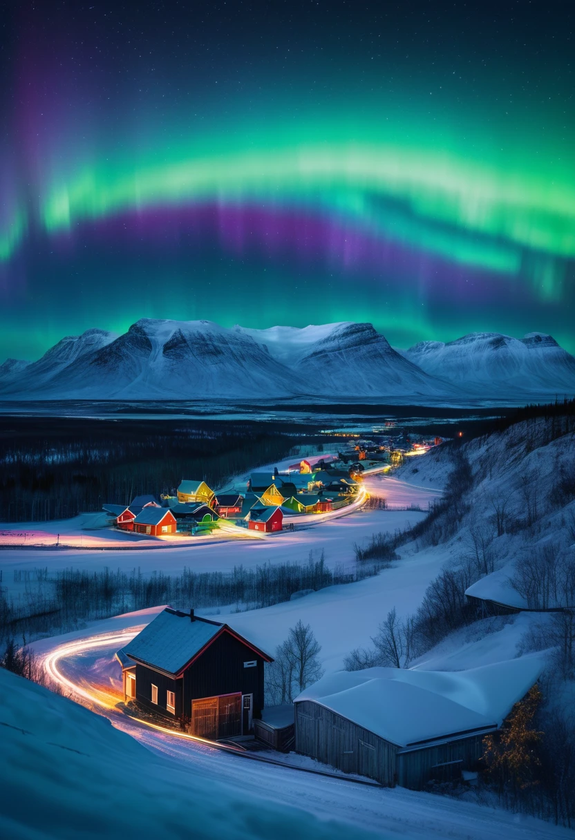 **Nikon photo of a gorgeous northern landscape with a small Village under a northern Lights Sky , Colorful winding Aurora Borealis, in the style of long exposure effect and motion blur, rim lighting against a pitch black background, luminance highlighted, detailed photorealism,