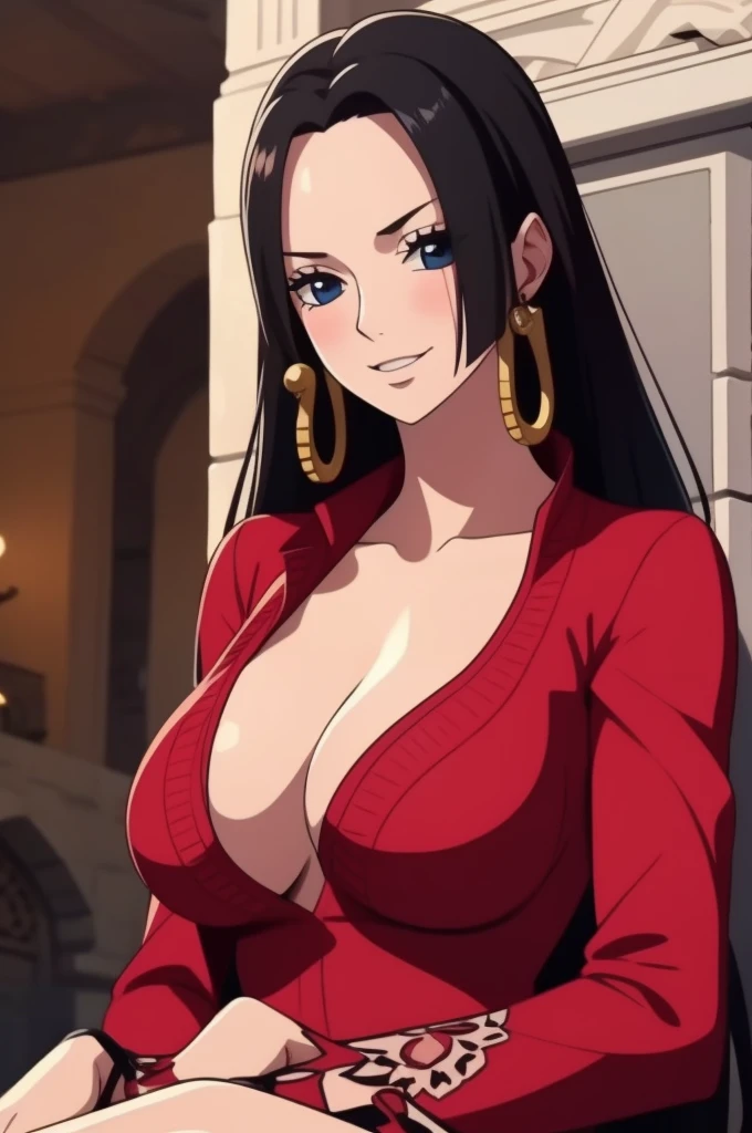 1 woman,Red clothes,masterpiece,close up,Looking at the camera,blush,Smile, Detailed fingers, Beautiful hands, 1 woman, brunette color hair: 1.1, Super detailed face, Delicate lips, Delicate eyes, Double eyelids,Whole body 1:1,Large Breasts,Cleavage,Komono