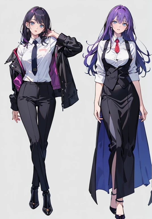 ((Perfect Face)),Purple Hair,voluminous long hair,1 female,bartender,suit,Black vest,Shirt with rolled up sleeves,tie,slit,High heels,,((Simple Background)),smile,((whole body)),((whole body)),Portraiture,virtual,upright,,both arms are down,Standing upright with face and body facing forward,