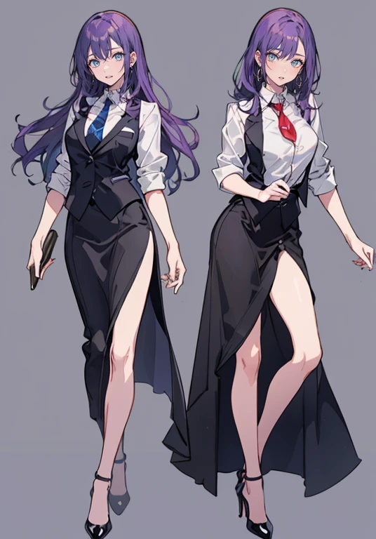 ((Perfect Face)),Purple Hair,voluminous long hair,1 female,bartender,suit,Black vest,Shirt with rolled up sleeves,tie,slit,High heels,,((Simple Background)),smile,((whole body)),((whole body)),Portraiture,virtual,upright,,both arms are down,Standing upright with face and body facing forward,
