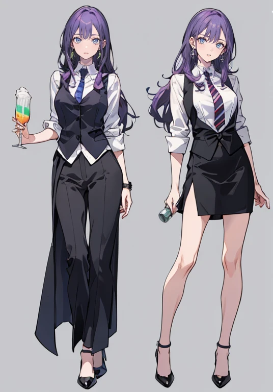 ((Perfect Face)),Purple Hair,voluminous long hair,1 female,bartender,suit,Black vest,Shirt with rolled up sleeves,tie,slit,High heels,,((Simple Background)),smile,((whole body)),((whole body)),Portraiture,virtual,upright,,both arms are down,Standing upright with face and body facing forward,