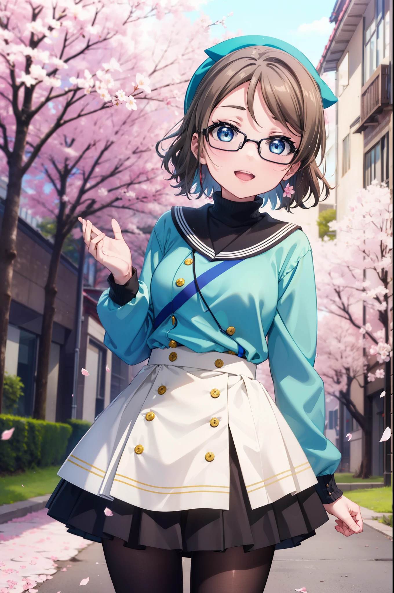 Yowatanabe, Watanabe Yo, short hair, blue eyes, brown hair, Black-rimmed glasses,Blue hair band,Turtleneck sweater,Long skirt,Black pantyhose,short boots,Cherry blossoms are blooming,Cherry blossoms are scattered,Cherry blossom tree-lined path,happy smile, smile, Open your mouth,whole bodyがイラストに入るように,
break outdoors, garden,
break looking at viewer, whole body,(Cowboy Shot:1.5),
break (masterpiece:1.2), highest quality, High resolution, unity 8k wallpaper, (figure:0.8), (Beautiful fine details:1.6), Highly detailed face, Perfect lighting, Highly detailed CG, (Perfect hands, Perfect Anatomy),