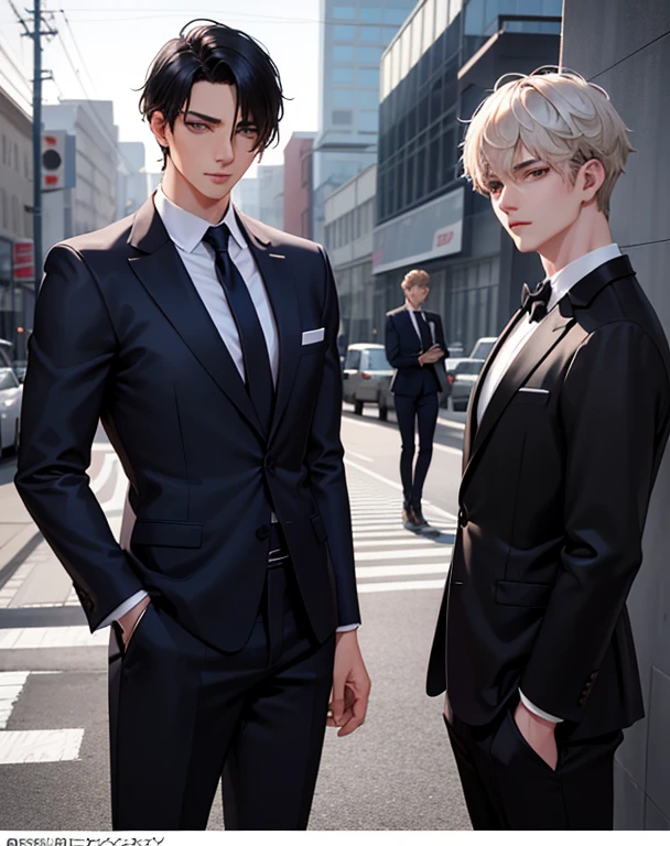 Two male protagonists，All in suits，Probably 28 years old，Background is urban style，Second Dimension，Handsome，Masterpiece，novel cover，Both of them only have upper body，Delicate face