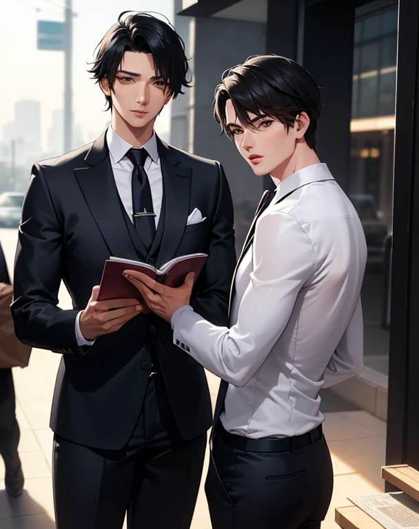 Two male protagonists,All in suits,Probably 28 years old,Background is urban style,Second Dimension,Handsome,Masterpiece,novel cover,Both of them only have upper body,Delicate face