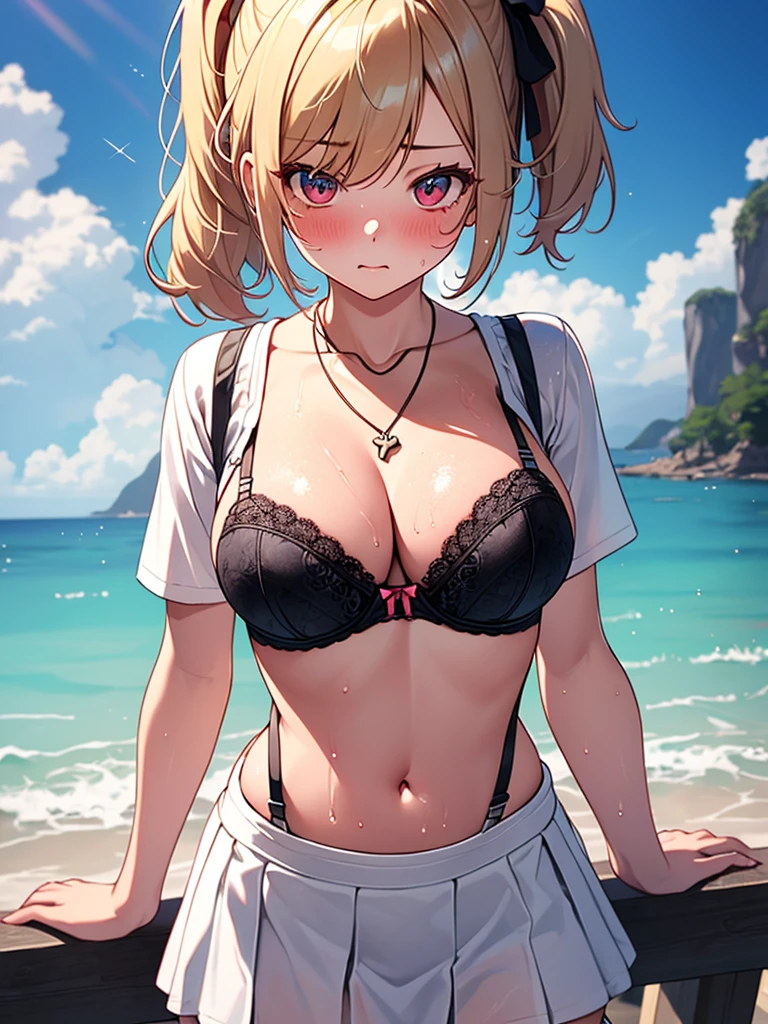 (highest quality, High resolution, perfect pixel, Depth of bounds written, 4K), (from above), detailed eyes, (1 girl), perfect body, medium breasts, blond hair, (side ponytail), (white t-shirt lift:1.2), (show off bra), (v-neck), (black suspender skirt), necklace, (kneehighs), bellybutton, (standing), breast hold, (looking up), blush, embarrassed, wet,