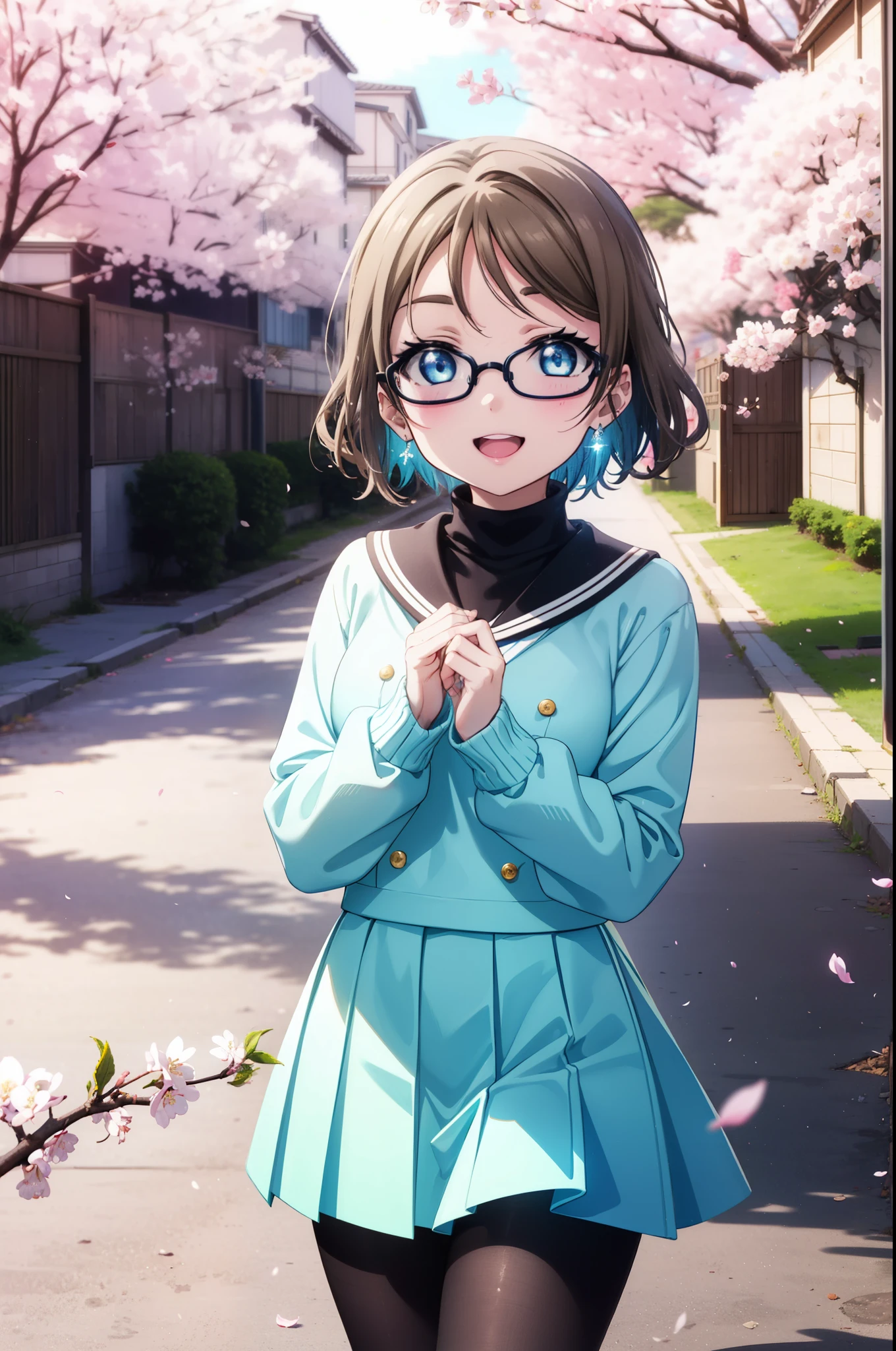 Yowatanabe, Watanabe Yo, short hair, blue eyes, brown hair, Black-rimmed glasses,Blue hair band,Turtleneck sweater,Long skirt,Black pantyhose,short boots,Cherry blossoms are blooming,Cherry blossoms are scattered,Cherry blossom tree-lined path,happy smile, smile, Open your mouth,whole bodyがイラストに入るように,walking,
break outdoors, garden,
break looking at viewer, whole body,(Cowboy Shot:1.5),
break (masterpiece:1.2), highest quality, High resolution, unity 8k wallpaper, (figure:0.8), (Beautiful fine details:1.6), Highly detailed face, Perfect lighting, Highly detailed CG, (Perfect hands, Perfect ???????),