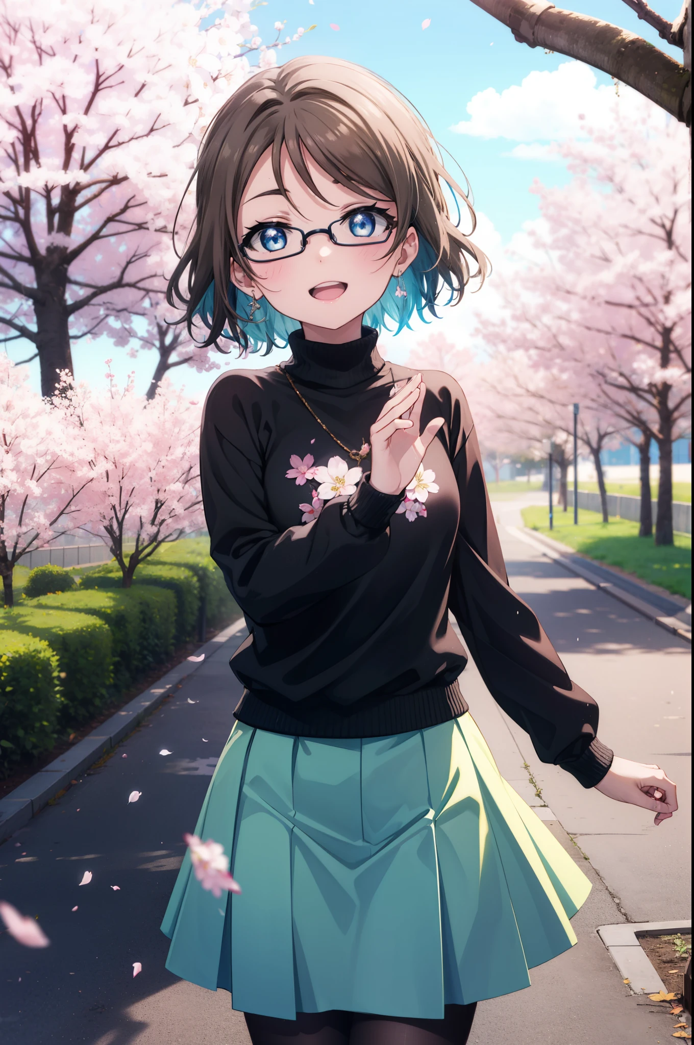 Yowatanabe, Watanabe Yo, short hair, blue eyes, brown hair, Black-rimmed glasses,Blue hair band,Turtleneck sweater,Long skirt,Black pantyhose,short boots,Cherry blossoms are blooming,Cherry blossoms are scattered,Cherry blossom tree-lined path,happy smile, smile, Open your mouth,whole bodyがイラストに入るように,walking,
break outdoors, garden,
break looking at viewer, whole body,(Cowboy Shot:1.5),
break (masterpiece:1.2), highest quality, High resolution, unity 8k wallpaper, (figure:0.8), (Beautiful fine details:1.6), Highly detailed face, Perfect lighting, Highly detailed CG, (Perfect hands, Perfect Anatomy),