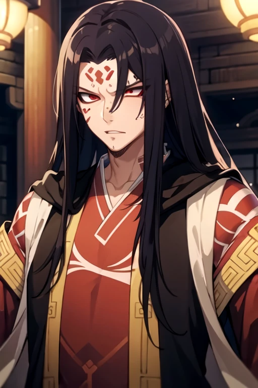masterpiece,best quality,Game CG, vampire,emperor,Noble robes,1 boy,solo,Male focus,face tattoo,Looking at the audience,棕色Long hair,Red Eyes,Long hair,Black tattoo on forehead,Chinese clothing,