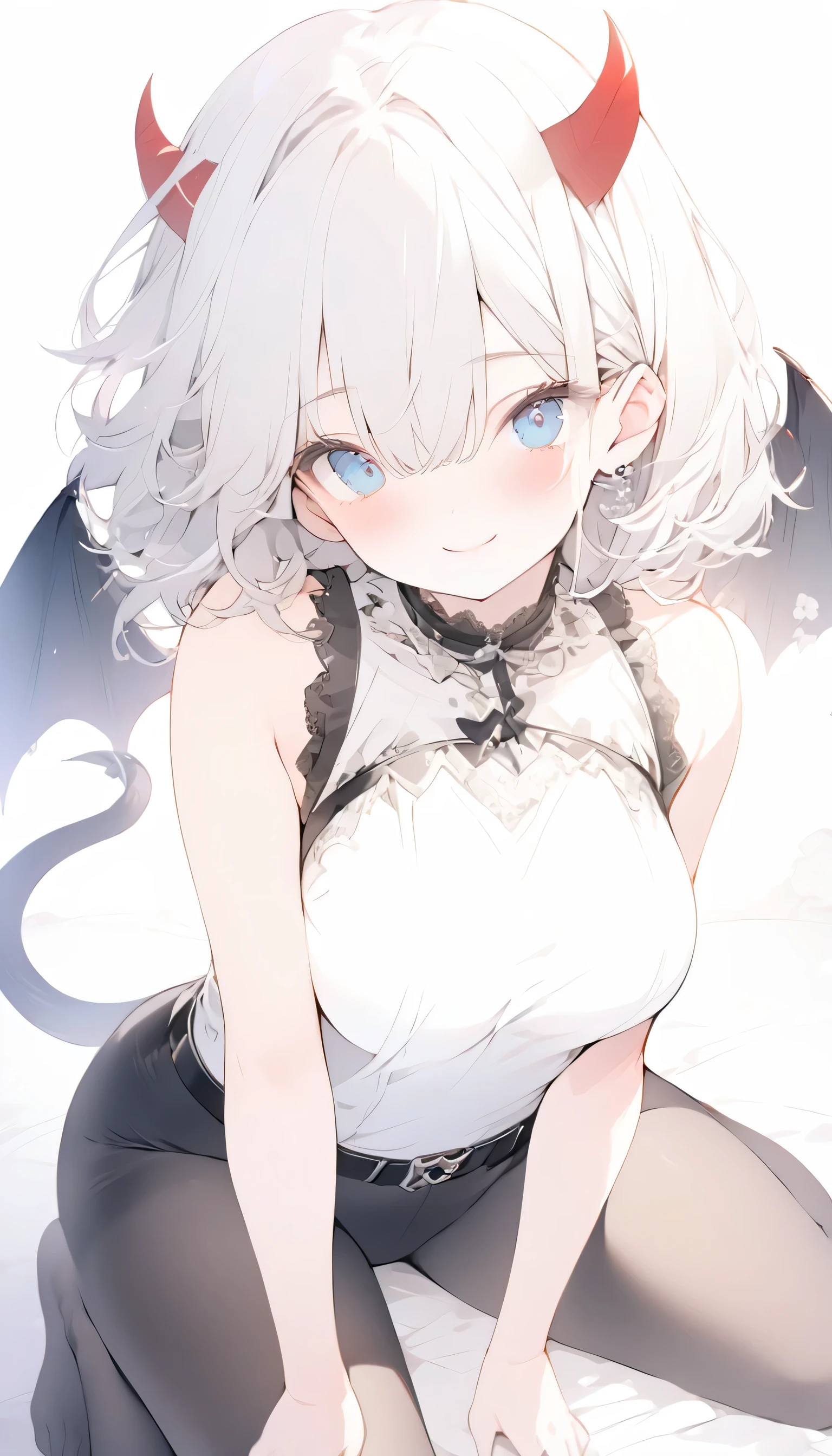 highest quality)), ((masterpiece)),Perfect Face((highest quality))cute,beautiful girl,Pure white hair,bangs,Medium Hair、blue eyes.Alone,smile,Cute, Short Hair、Beautiful eyes,Healthy Body、Beautiful breasts、8K、wallpaper、belt、white one piece dress、Chest Band、Rib Band、tights、lie on bed、Devil's Tail、devil tail