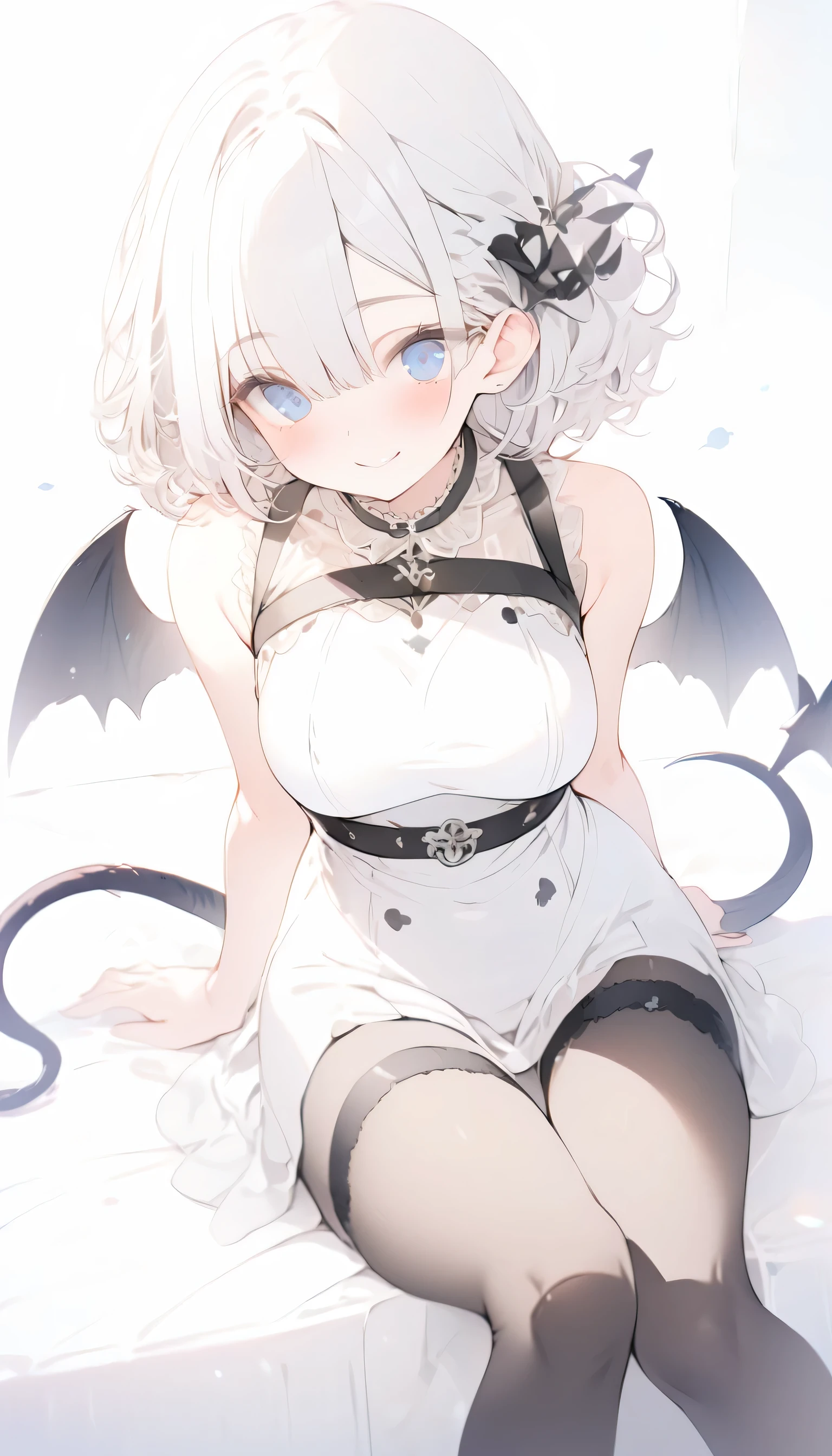 pointy ears,White color hair,Bigboobs,Two legs(Princess cut hairstyle),short detailed hair,Sideburns have long hair,succubi,have demon wings,upper legs,