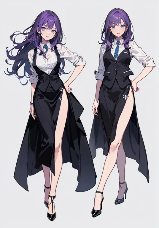 ((Perfect Face)),Purple Hair,voluminous long hair,1 female,bartender,suit,Black vest,Shirt with rolled up sleeves,tie,slit,High heels,,((Simple Background)),smile,((whole body)),((whole body)),Portraiture,virtual,upright,,both arms are down,Standing upright with face and body facing forward,
