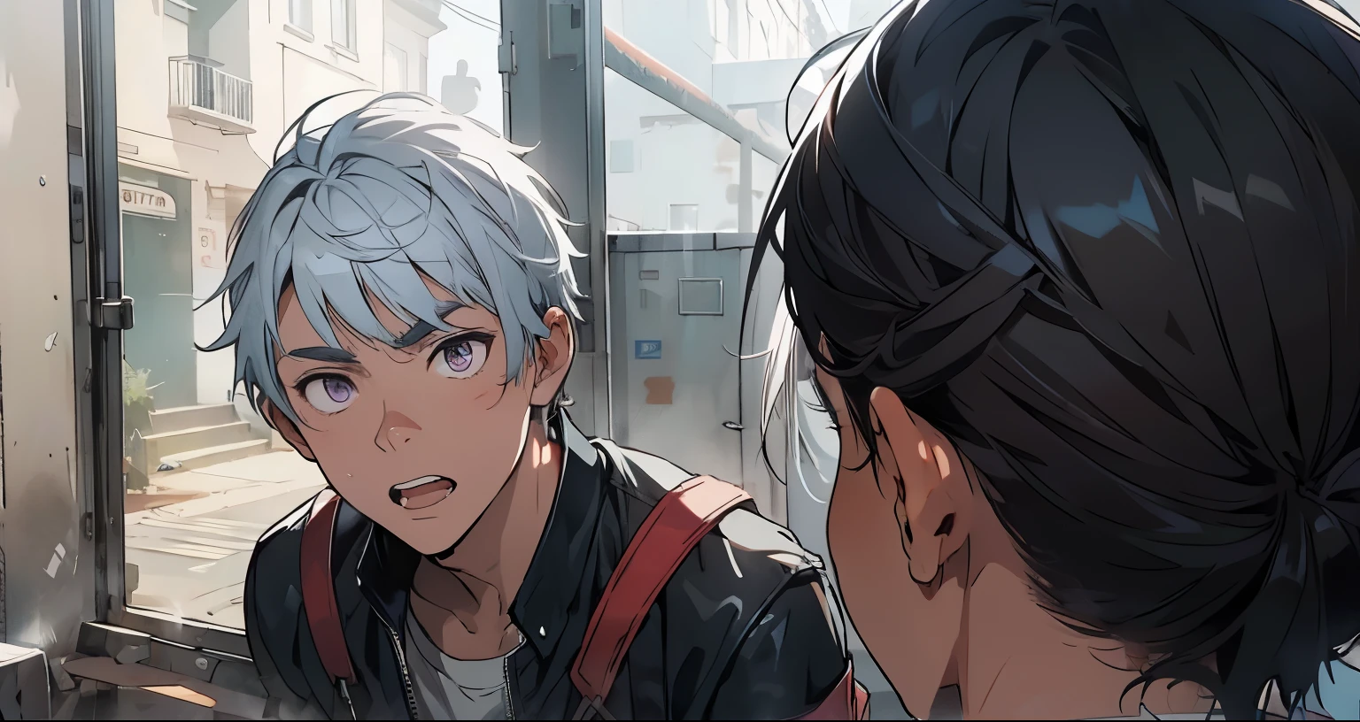 cute boy is upset 17 years old purple eyes purple hair
