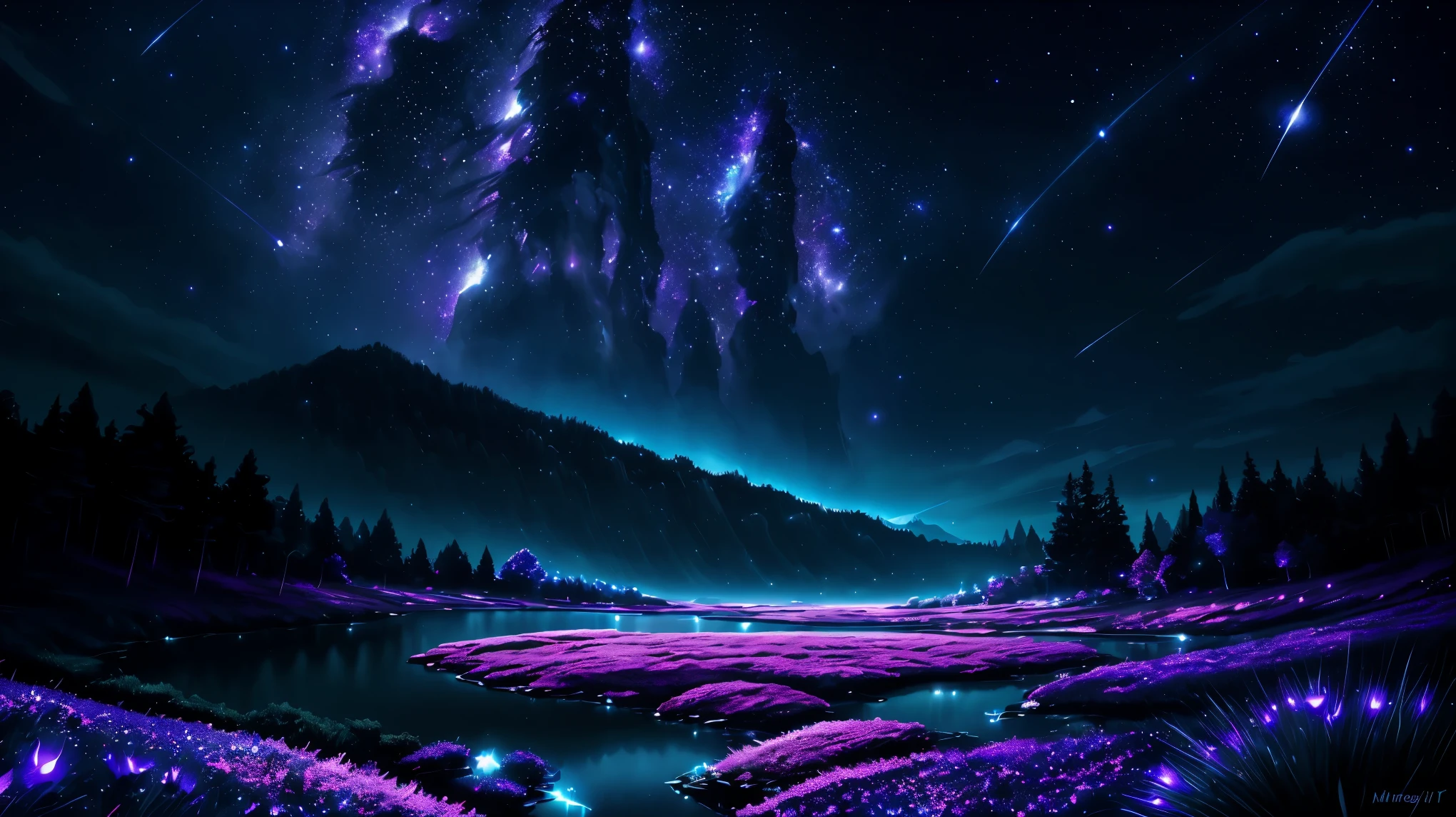 Prompt: landscape, moonlight, night time, stars, fireflies, flowers. night time, magical, fantasy, mythical, 4k, 8k, extremely clear, masterpiece, field of depth, hdr, detailed, hyper quality, vibrant, sharp focus, good composition, vivid, bright colors, high contrast,@ChronosDrifterAI
