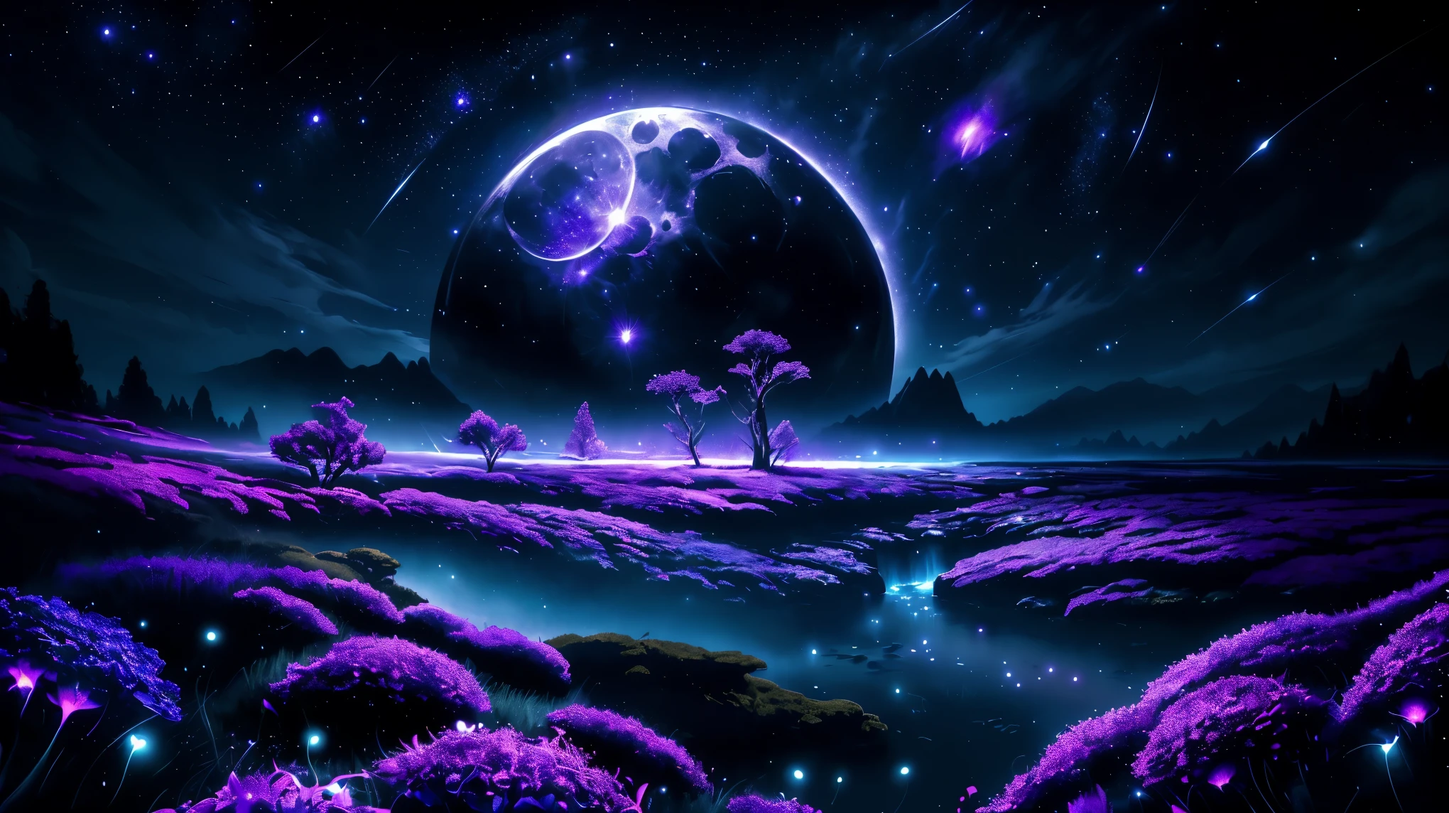 Prompt: landscape, moonlight, night time, stars, fireflies, flowers. night time, magical, fantasy, mythical, 4k, 8k, extremely clear, masterpiece, field of depth, hdr, detailed, hyper quality, vibrant, sharp focus, good composition, vivid, bright colors, high contrast,@ChronosDrifterAI
