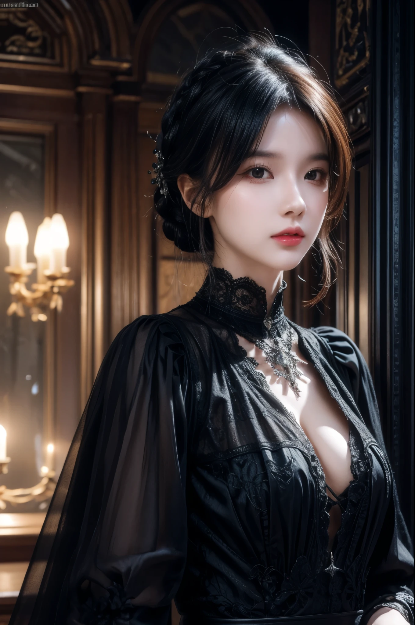 nsfw、(high quality: 1.3), Cinematic shots, masterpiece, (Sharp focus: 1.5), (Realistic: 1.3), Medium size portrait ((Big Breasts)) (Beautiful young vampire woman, Pale skin, Gothic, Red wine still proud、Brave, Straight black short bob hair, Dark look, Detailed lace design、Wearing a very detailed dark tunic, Dark atmosphere, Sculpting shapes with chiaroscuro), that&#39;night, (Very detailed肌), (Detailed face),  Detailed Background, Dim lighting, dusk lighting, Volumetric lighting, Intricate details, Ultra-high resolution,Very beautiful woman、Slender women、(Detailed face)、Realistic Skin、((Delicate photo))，(少女masterpieceRAW写真詳細:1.25), (最high quality:1.6), (Ultra-high resolution:1.5), (Realistic:1.75),8k resolution, ,50mm,Absurd, Very detailed,Cinema Lighting、