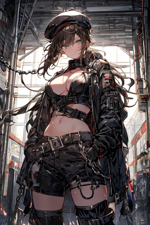 ubel,dark green hair,long hair,side ponytail,hair between eyes,bangs, BREAK (beret, black jacket, open clothes, cleavage, midriff, black shorts, black thighhighs, thigh strap, fingerless gloves, single glove:1.2), Photo,sharpness, F1.6 lens,hyper-realistic textures,spectacular light textures, Cinestil 800 Fashion Mechanics,(((Beautiful woman with left leg restrained and hung by chains))),Appearance,Beautiful girl with accentuated slender abs: 1.1,six-pack abs: 1.1, Bust Botox,Standing on tiptoe, long legs,Long brown hair fluttering in the wind,Brown hair, Long hair, Female Warrior Costume,(No panties,No bra),(tacticul battle fashion,elbow and knee cyberpad, cyberglove: 1.1),((beautiful costume)),The belly comes out and the navel is visible,Thin sheer costume, combat gloves,shredded costumes,cyber long combat boots with golden knee pads,Anatomical,(futuristic sci-fi battle fashion, new elbow and knee cyberpads, new cyberlong boots, new cybergloves: 1.1),((straddling the gundom shields and battle rifel)),(tied perfectly by iron chain), Restraint, Slave, collars, contempt, (Chained), 4 chains hung from heaven, Metallic shackles and fetters, wet crotch clearly visible,((Hands are restrained above the head)), the neck is chained,Chain from left knee to heaven,Chained by rusty iron chains,((the tip is protruding, areolas protruding,The shape of the pubic area is clearly visible)),Sweating,Wet,Wet crotch,Wet thighs,bloods,Junkyard, Realistic, (cute, perfect clothes, skimpy clothes, cute: 1.3) ,Vast prison,((wide hospital with sunlight)), peeling ceilings, Rebar between, Realistic material details, Extreme details, Ultra-realistic materials,narrow waist,(with sparkling eyes and a contagious smile),looking at viewer,