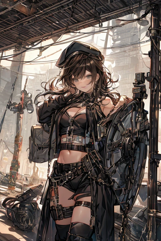 ubel,dark green hair,long hair,side ponytail,hair between eyes,bangs, BREAK (beret, black jacket, open clothes, cleavage, midriff, black shorts, black thighhighs, thigh strap, fingerless gloves, single glove:1.2), Photo,sharpness, F1.6 lens,hyper-realistic textures,spectacular light textures, Cinestil 800 Fashion Mechanics,(((Beautiful woman with left leg restrained and hung by chains))),Appearance,Beautiful girl with accentuated slender abs: 1.1,six-pack abs: 1.1, Bust Botox,Standing on tiptoe, long legs,Long brown hair fluttering in the wind,Brown hair, Long hair, Female Warrior Costume,(No panties,No bra),(tacticul battle fashion,elbow and knee cyberpad, cyberglove: 1.1),((beautiful costume)),The belly comes out and the navel is visible,Thin sheer costume, combat gloves,shredded costumes,cyber long combat boots with golden knee pads,Anatomical,(futuristic sci-fi battle fashion, new elbow and knee cyberpads, new cyberlong boots, new cybergloves: 1.1),((straddling the gundom shields and battle rifel)),(tied perfectly by iron chain), Restraint, Slave, collars, contempt, (Chained), 4 chains hung from heaven, Metallic shackles and fetters, wet crotch clearly visible,((Hands are restrained above the head)), the neck is chained,Chain from left knee to heaven,Chained by rusty iron chains,((the tip is protruding, areolas protruding,The shape of the pubic area is clearly visible)),Sweating,Wet,Wet crotch,Wet thighs,bloods,Junkyard, Realistic, (cute, perfect clothes, skimpy clothes, cute: 1.3) ,Vast prison,((wide hospital with sunlight)), peeling ceilings, Rebar between, Realistic material details, Extreme details, Ultra-realistic materials,narrow waist,(with sparkling eyes and a contagious smile),looking at viewer,