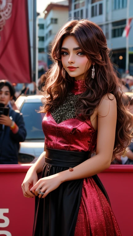 Beautiful ager 12 yerpo comoleto. cara hermosa bien detallada, ojos hermosos, labios rojos, pelo largo color negro. small breasts, cadera mediana, cuerpo delgado, detalles finos en piel, maquillaje perfecto, vistiendo vestido corto ajustado al cuerpo color rosa. Exprecion de alegria, sonrisa. Tiro de cuerpo completo, posando sexy, mirando al espectador. Esta en su presentacion parada frente a una multitud de gente, tocando ukulele