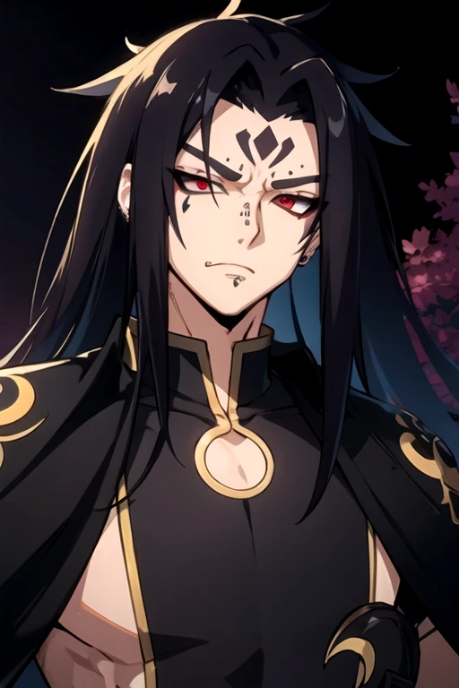 masterpiece,best quality,Game CG, vampire,emperor,Black noble robe,1 boy,solo,Male focus,face tattoo,Looking at the audience,棕色Long hair,Red Eyes,Long hair,Black tattoo on forehead,Chinese clothing,