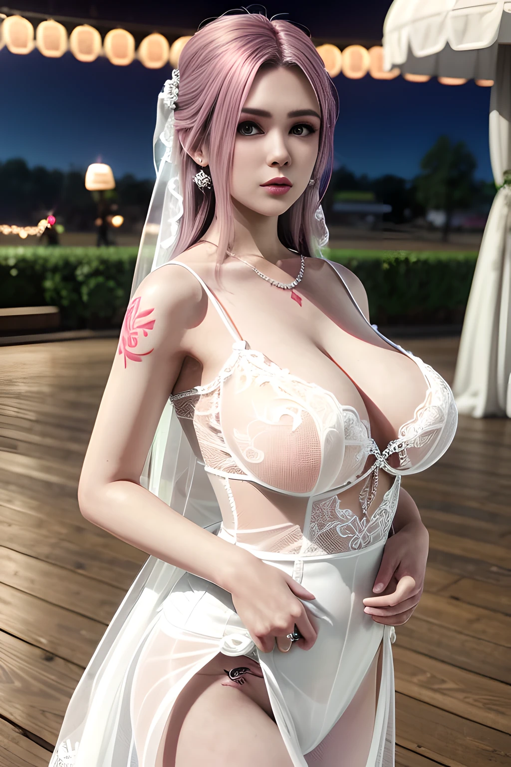 1 girl,standing posture,((  mini Wedding Dress, see-through)), outdoor,elegant,nighttime,moonlighe,shiny skin,( huge breasts:1.1), lip gloss,( tattoos:1.3), masterpiece, best quality, realistic ,Surrealism,natural colors art in 8k,soft shadows,Portrait art,solo,  elise,