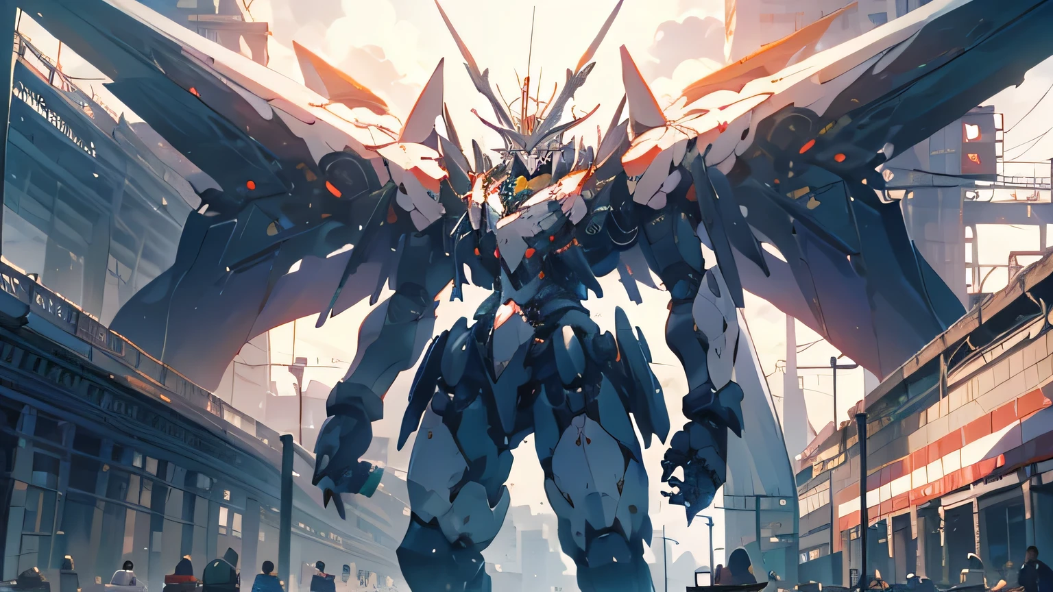1 white mecha, hold a sword , ruined city, smoke and fire, anime, 4k, full hd