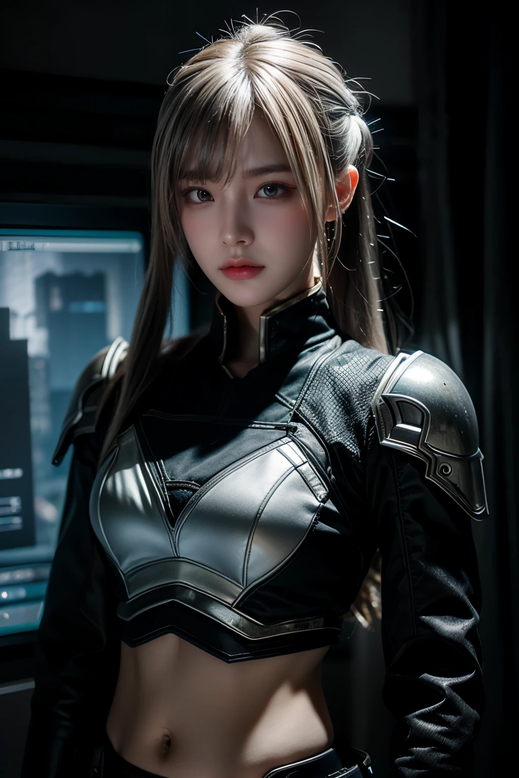 tmasterpiece,Best quality,A high resolution,8K,(Portrait photograph:1.5),(ROriginal photo),real photograph,digital photography,(Combination of cyberpunk and fantasy style),(Female soldier),20-year-old girl,random hair style,white color hair,By bangs,(Red eyeigchest, accessories,Keep one's mouth shut,elegant and charming,Serious and arrogant,Calm and handsome,(Cyberpunk combined with fantasy style clothing,Openwork design,joint armor,Combat uniforms,White clothes,white colorposing your navel,Photo pose,Realisticstyle,gray world background,oc render reflection texture