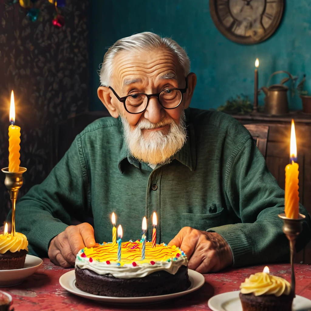 old man sits at the table, birthday cake with candles is on the table, toon style