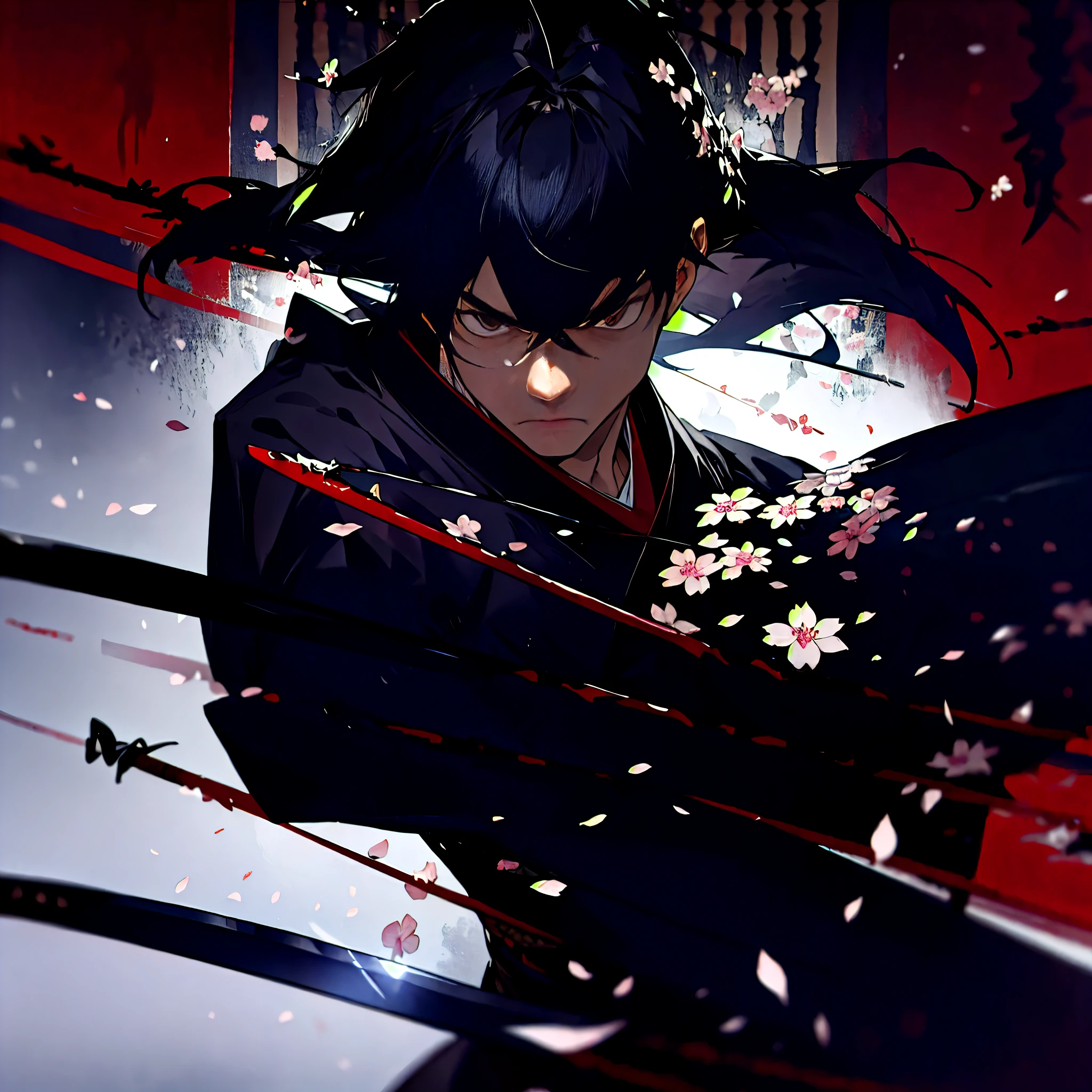 Um homem, espadachim, kimono preto, cabelos longos preto, segurando katana, poder das trevas, melhor qualidade, homem forte, serious face, serious look, katana escura, folhas de sakura, arvores de sakura, rosto jovem, katana das trevas, Power of darkness